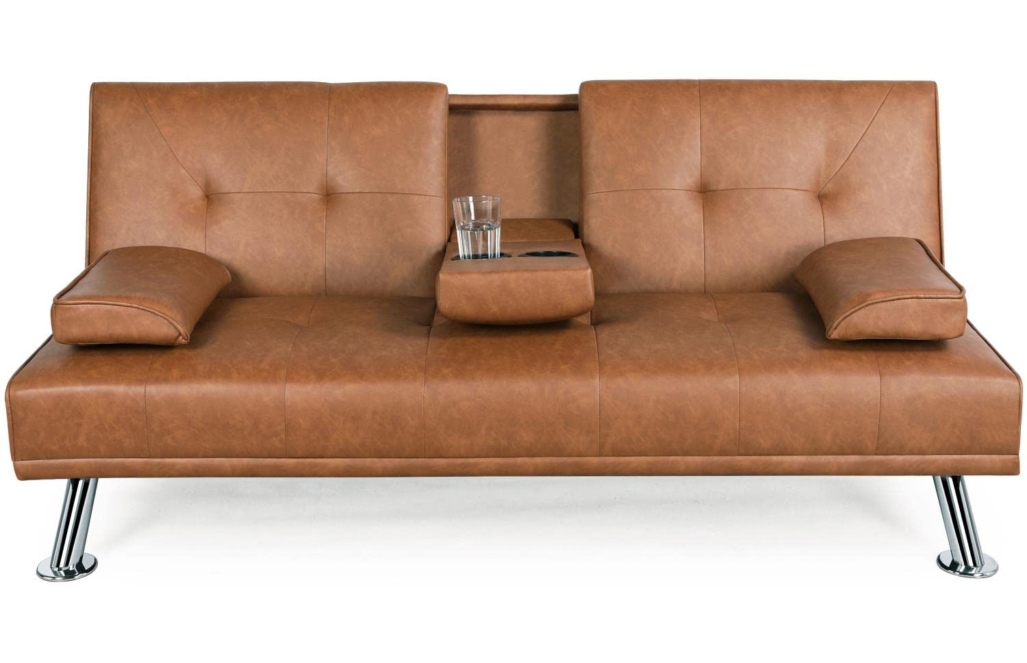 Topeakmart Adjustable Faux Leather Sofa Bed - Modern Convertible Futon Couch with Armrest & Recliner - Brown Home Furniture for Living Room, Guest Room & Small Spaces