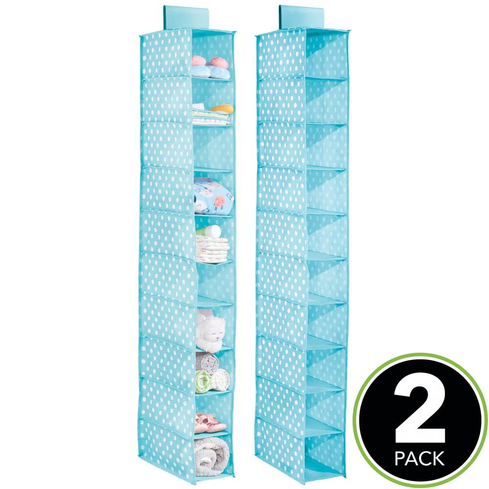 mDesign 10-Shelf Fabric Closet Organizer for Kids Room & Nursery - Soft Hanging Storage with Polka Dot Print, 2-Pack (Turquoise Blue & White Dots) - Perfect for Baby Clothes, Toys & Accessories Organization