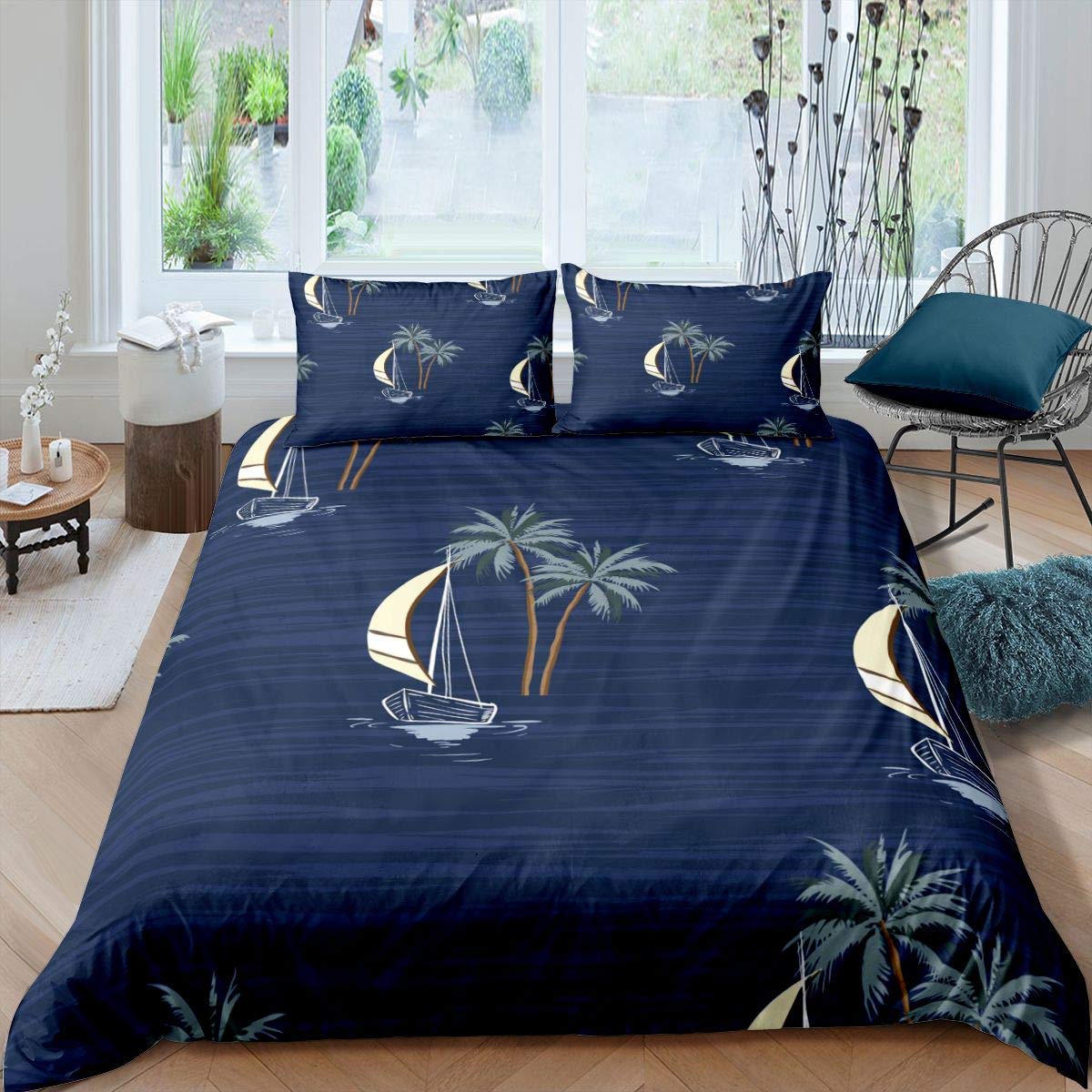 Feelyou Sailboat Printed Duvet Cover Set - Hawaiian Tropical Palm Leaf Bedding for Kids, Boys & Girls - Ocean Themed Comforter Cover with 1 Pillowcase (2Pcs, Twin Size) - Perfect for Beach House Decor, Nautical Bedroom Theme & Kids' Room Makeover