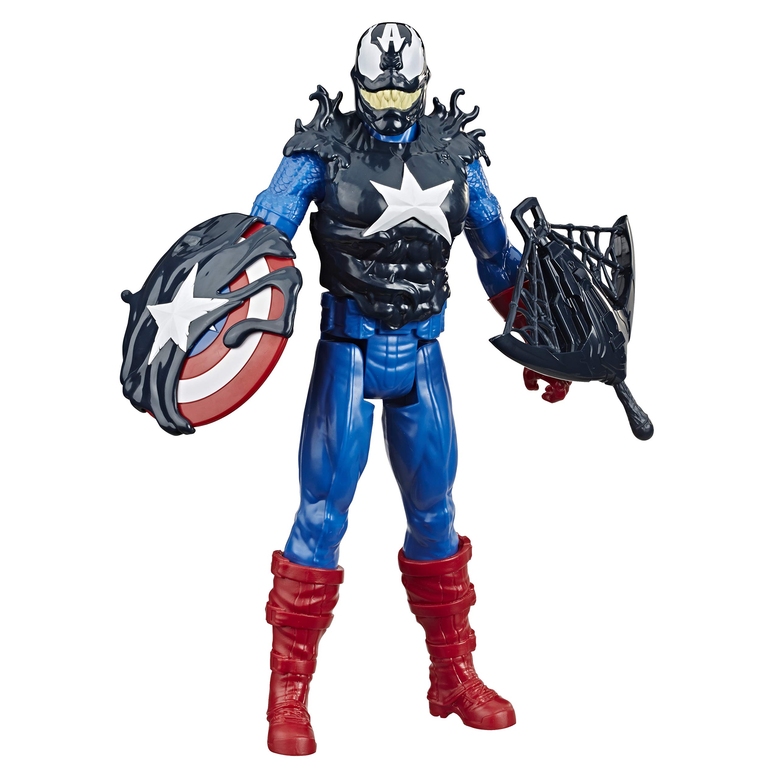 Hasbro E8683 Maximum Venom Titan Hero Series - Venom Captain America Action Figure with Starter, Projectile & 6 Accessories | Marvel Superhero Toy for Kids Ages 4+ | Birthday Gift, Role Play, Collectible Display