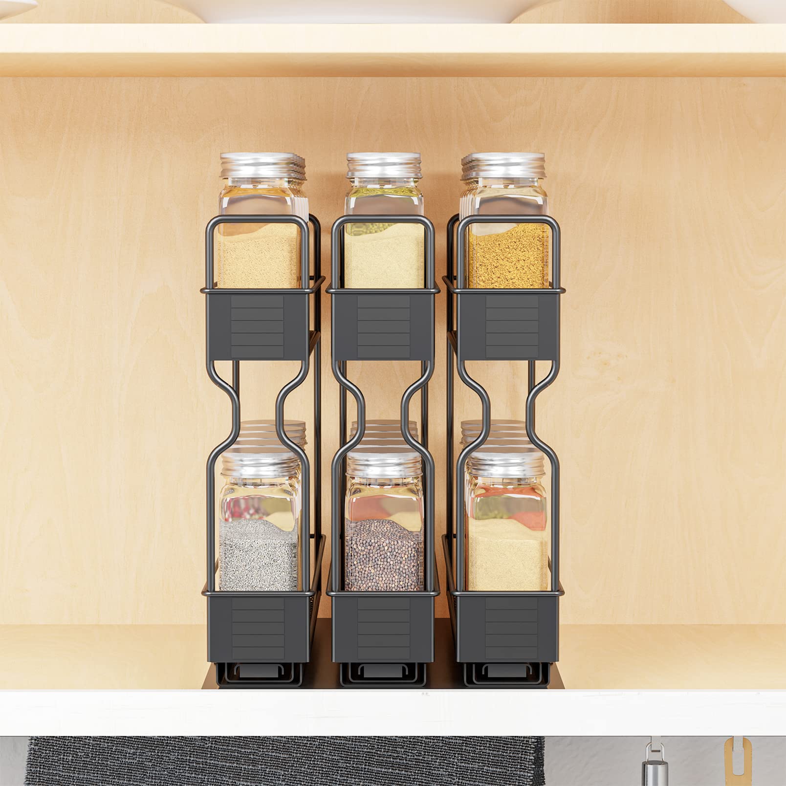 SpaceAid Pull-Out Spice Rack Organizer with 30 Jars - 3-Tier Slide-Out Cabinet Organizer for Kitchen, Pantry & Countertop - Includes Labels (7.7