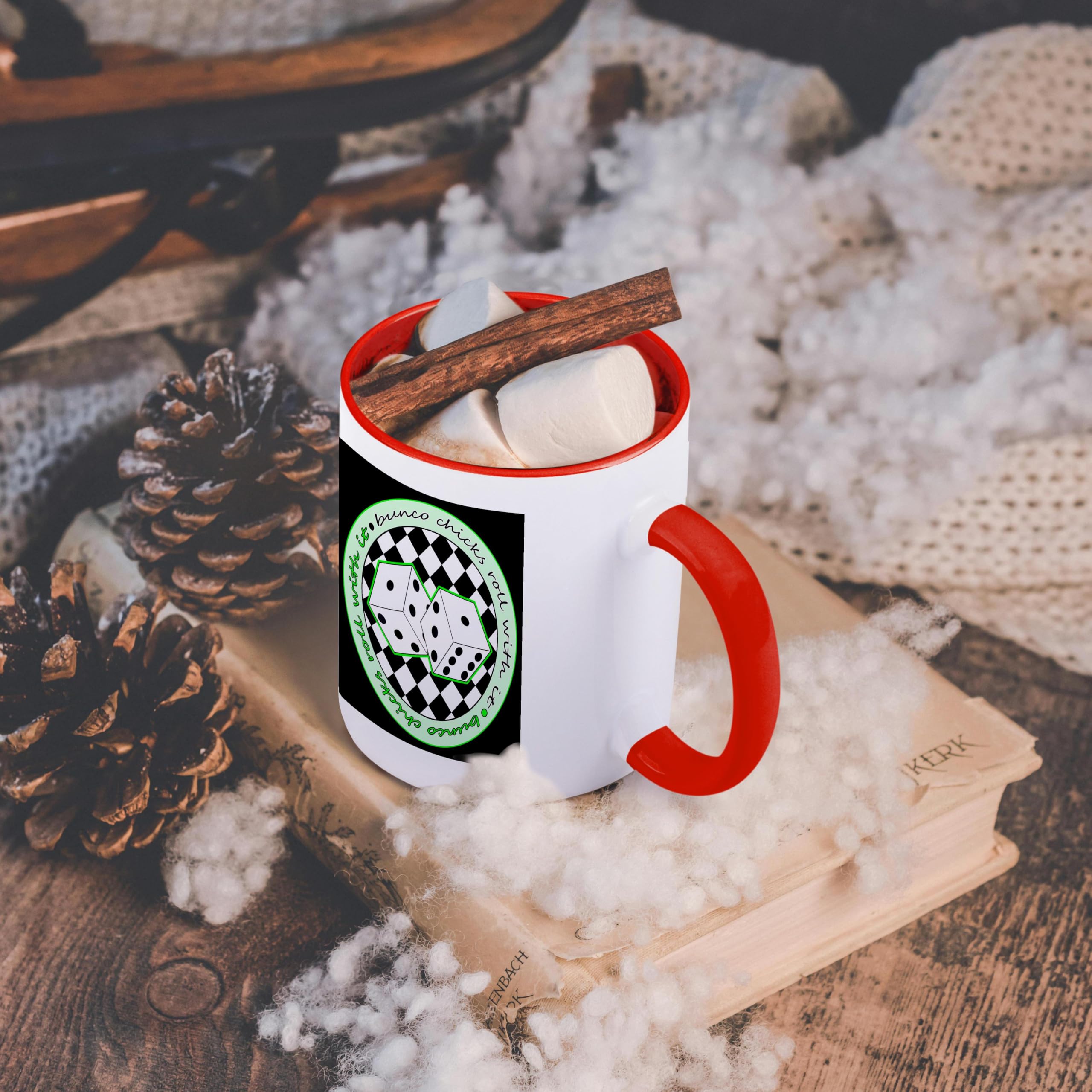 3dRose 15oz Two-Tone Red Coffee Mug - 'Bunco Chicks Roll With It' Dice Rolling Cup Design | Funky Novelty Mug for Bunco Lovers, Perfect Gift for Game Nights & Parties | Great for Coffee, Tea & Dice Games