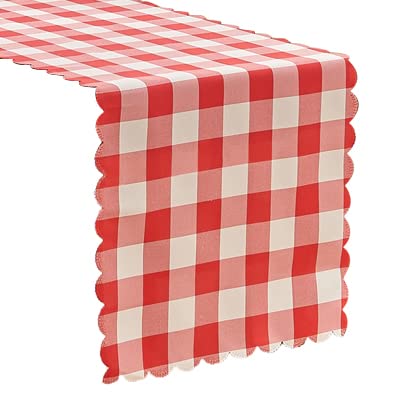 Gingham Red-scalloped-yarn Dyed-table Runner