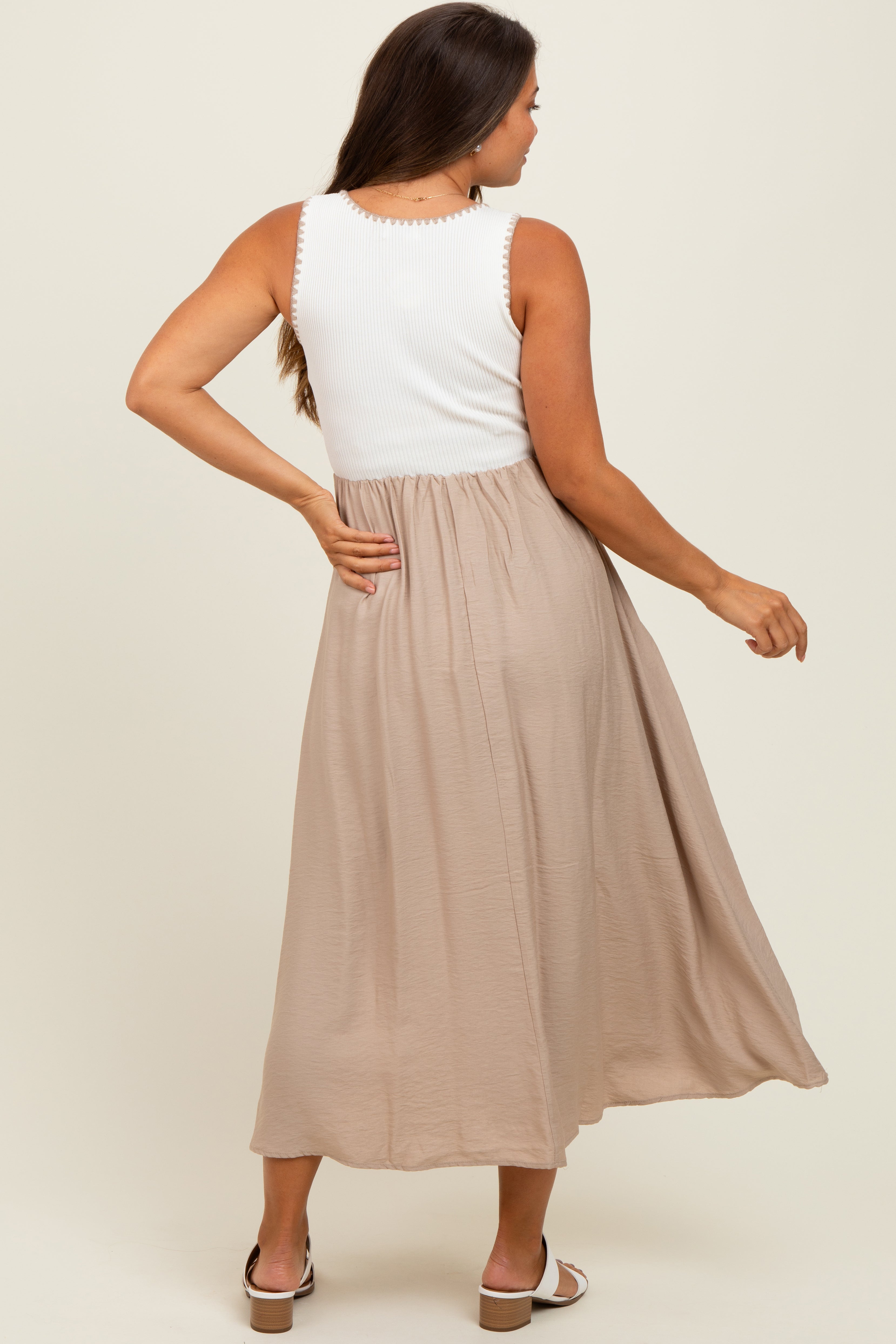 Beige Contrast Knit Sleeveless Maternity Midi Dress for Pregnancy - Comfortable Nursing Dress for Moms, Perfect for Baby Showers, Maternity Photos & Everyday Wear