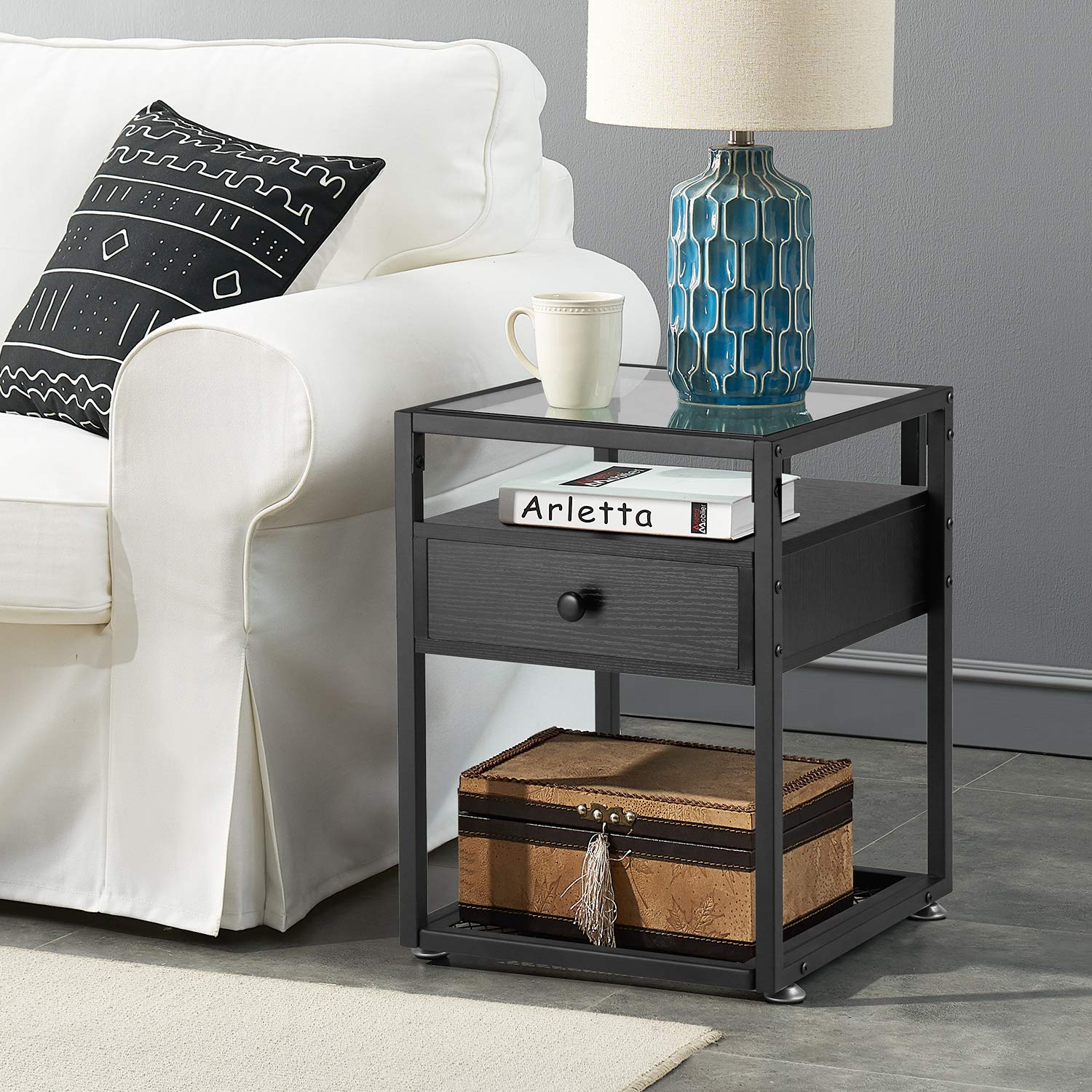 VECELO Modern Nightstand with Glass Top, Black End Table with Drawer & Sturdy Metal Frame - Perfect for Bedroom, Living Room, Lounge, Office & Dorm Room Decor
