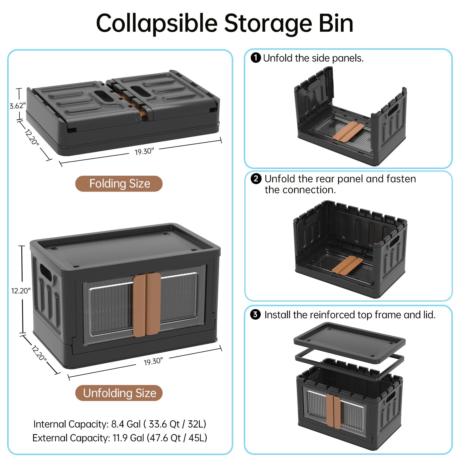 HAIXIN 8.4 Gallon Foldable Storage Bin with Lid - Stackable Plastic Storage Container for Closet, Garage, Office & Craft Organization | Black Collapsible Cube Box | Perfect for Home Storage, Seasonal Decor & Toy Organization (1 Pack)