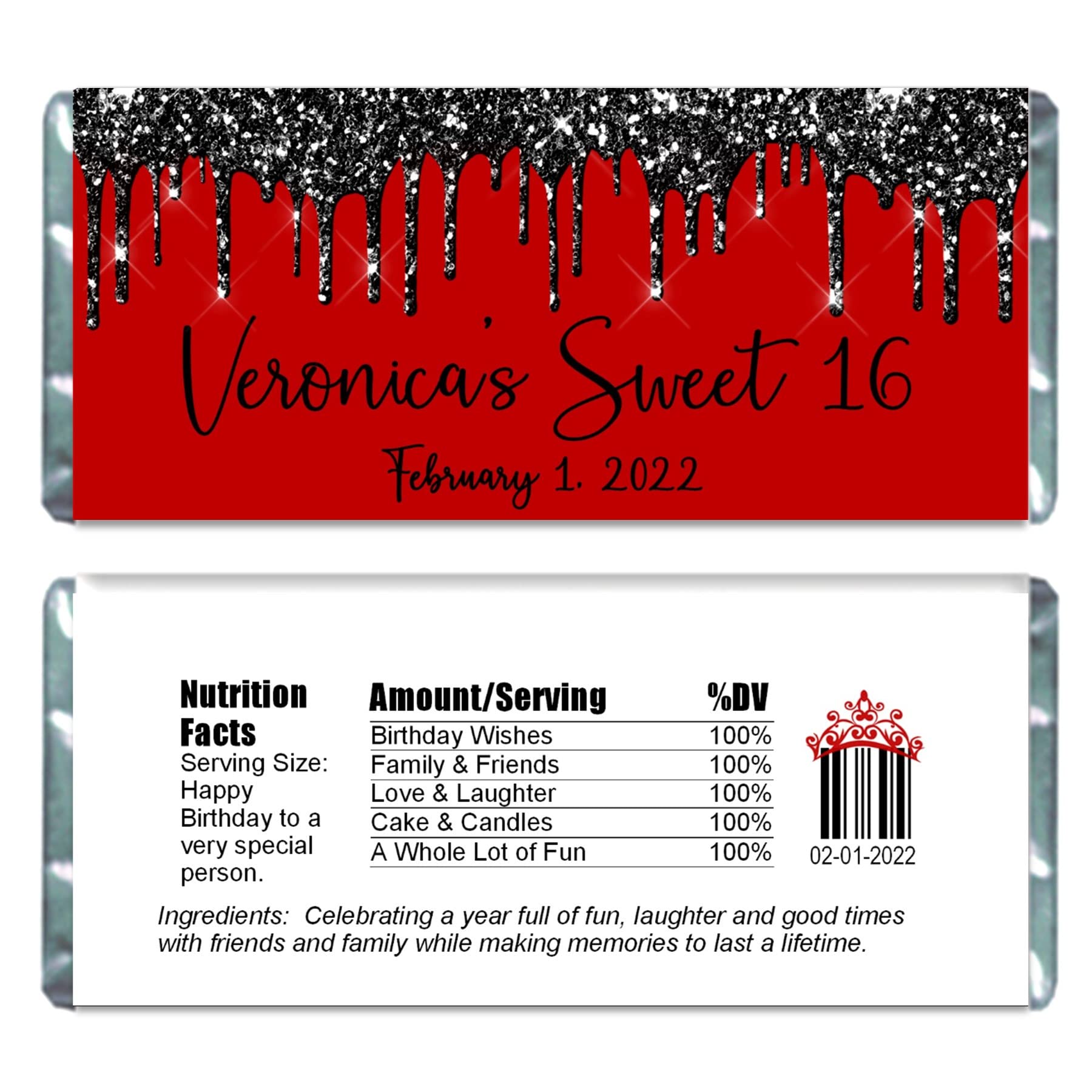 Personalized Glitter Drip Candy Bar Wrappers - 20 Pack Red/Black Chocolate Bar Labels for Birthday Parties, Baby Showers & Bridal Showers - Perfect for Wedding Favors, Gender Reveals & Special Events