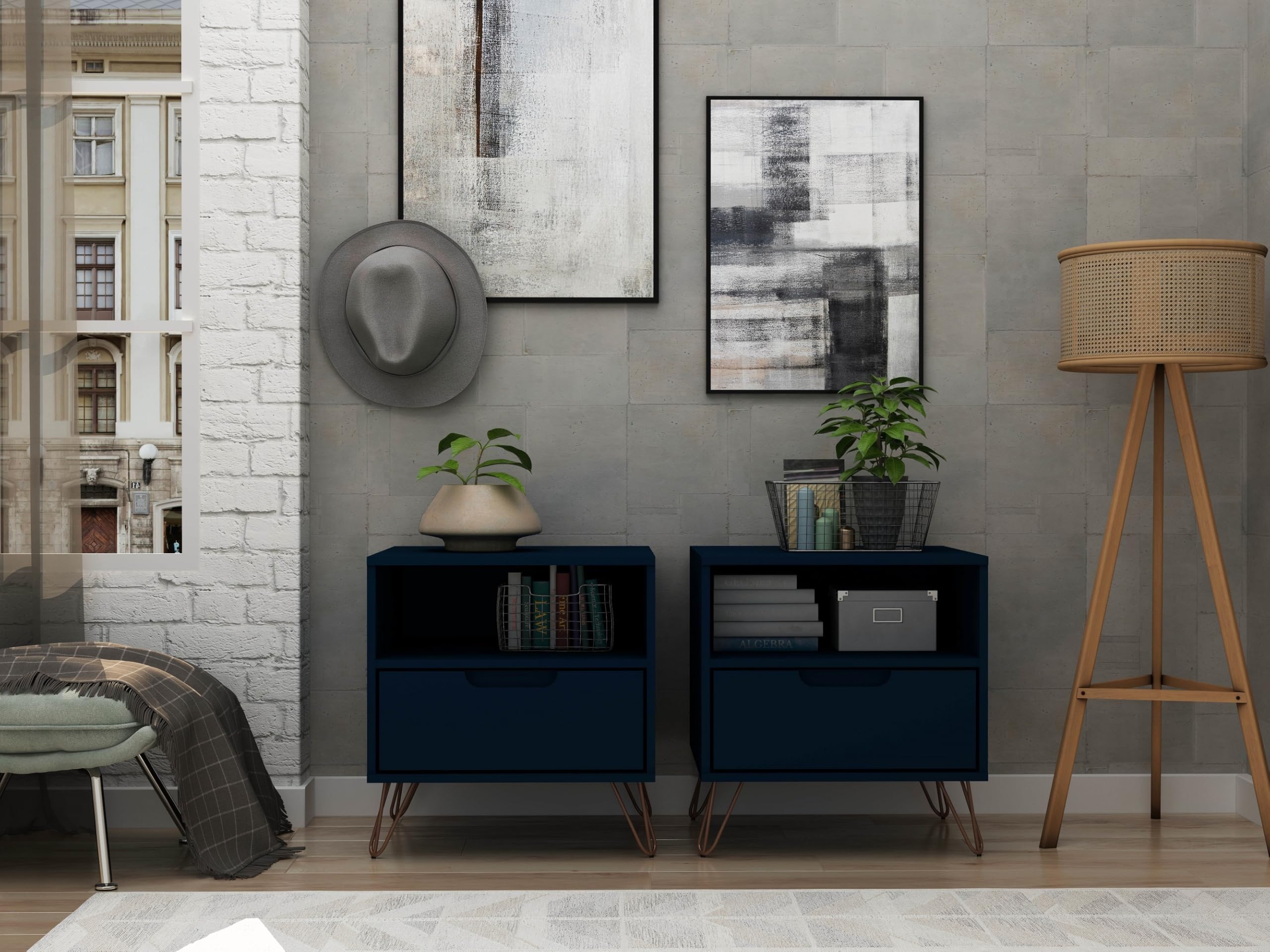 Manhattan Comfort Rockefeller Nightstands - Set of 2 Modern Bedside Tables with Drawer & Cubby Storage | Mid-Century Design Bedroom Furniture | Space-Saving Night Stands for Small Spaces | Perfect for Bedside Organization in Master Bedroom, Guest Room or Studio Apartment