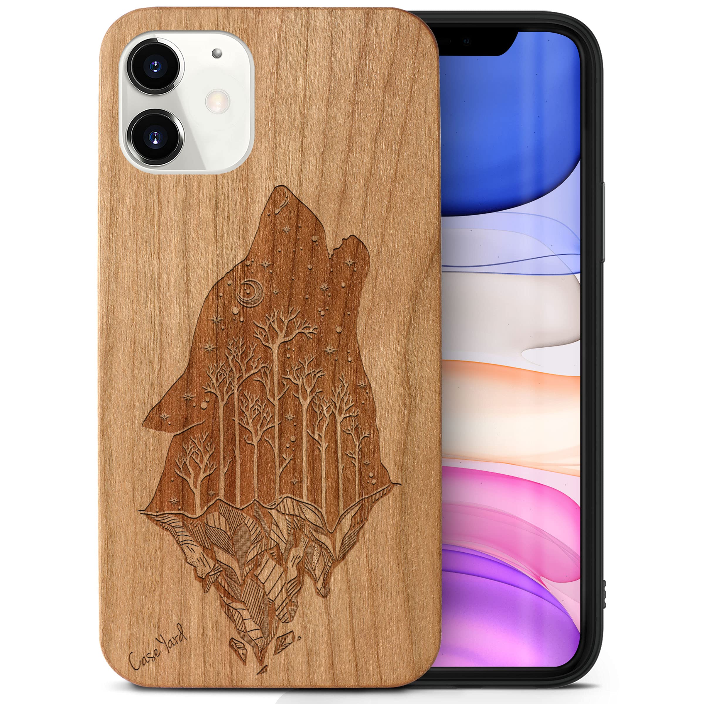 CaseYard Wooden Phone Case for iPhone 12 Mini - Laser Engraved Howling Wolf Design in Cherry Wood | Slim Fit Shockproof Protective Cover for Men & Women | Perfect for Outdoor Adventures & Nature Lovers