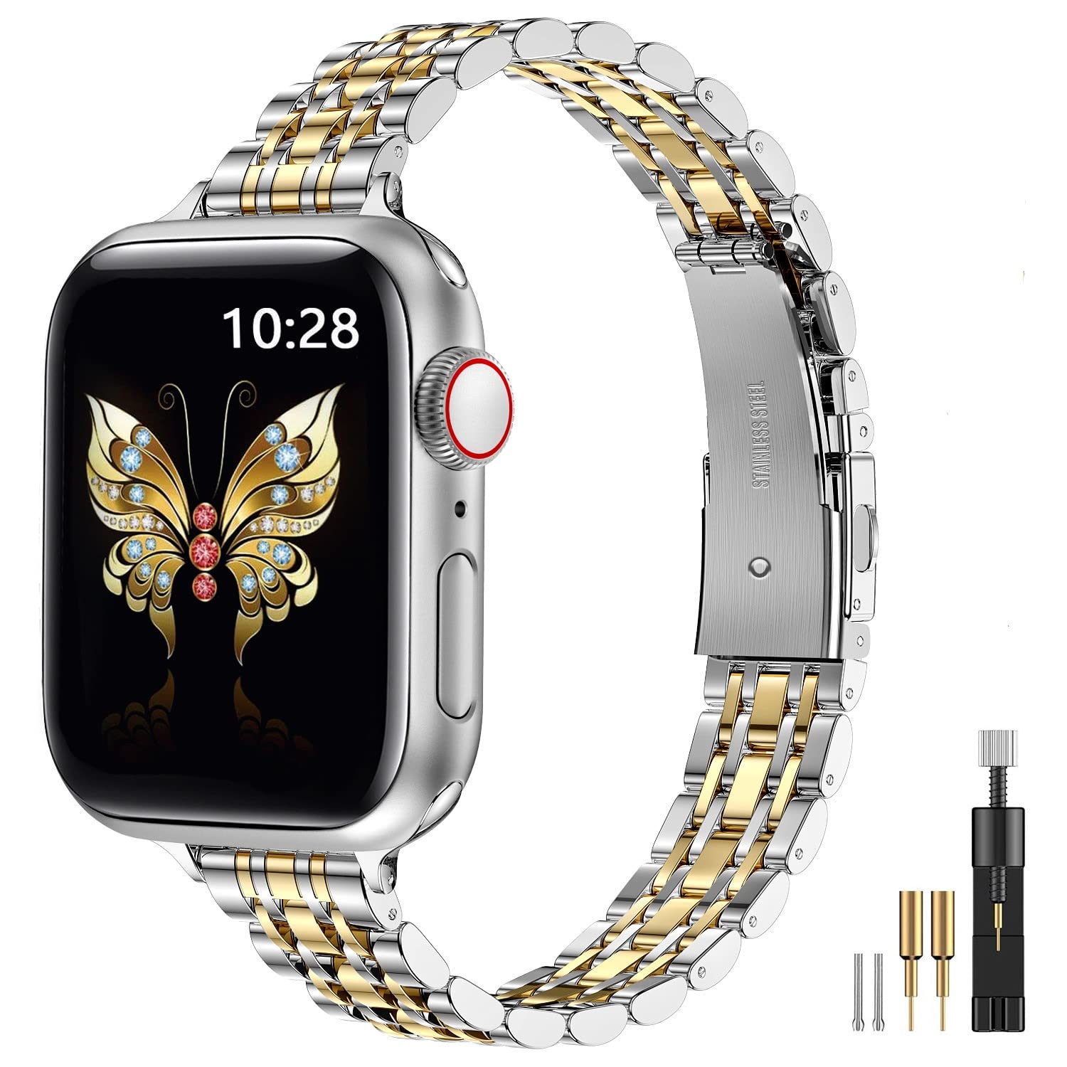Slim Stainless Steel Apple Watch Band for Women - Compatible with Series 10/9/8/7/6/5/4/SE/Ultra 2/1 (49mm 46mm 45mm 44mm 42mm) - Elegant Metal Chain Strap in Silver & Gold - Perfect for Work, Parties & Everyday Wear