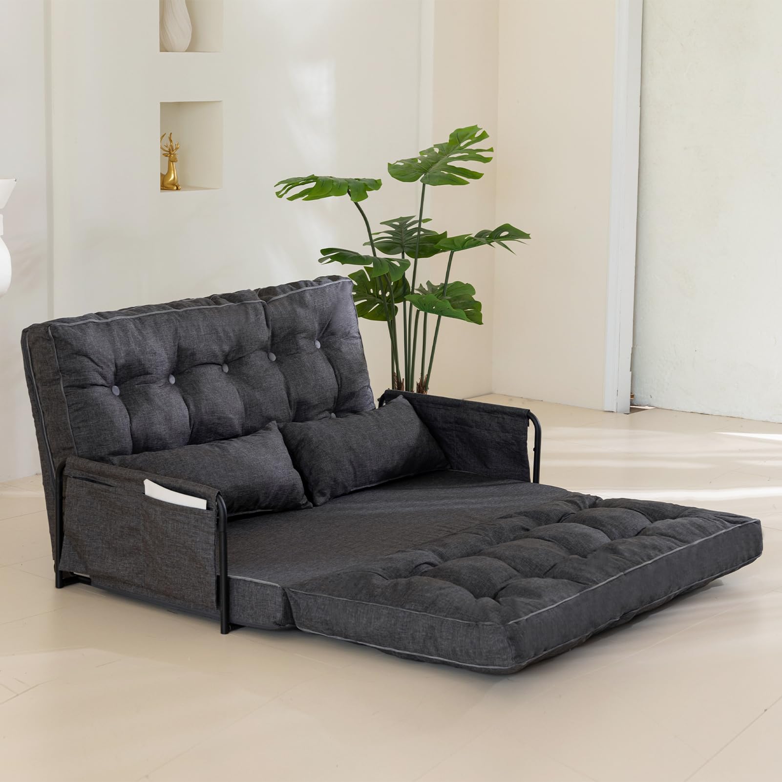 MAXYOYO Adjustable Floor Sofa Bed - Multi-Functional Folding Couch Bed with 2 Pillows, Grey - Perfect for Small Spaces, Guest Rooms & Living Room Lounging