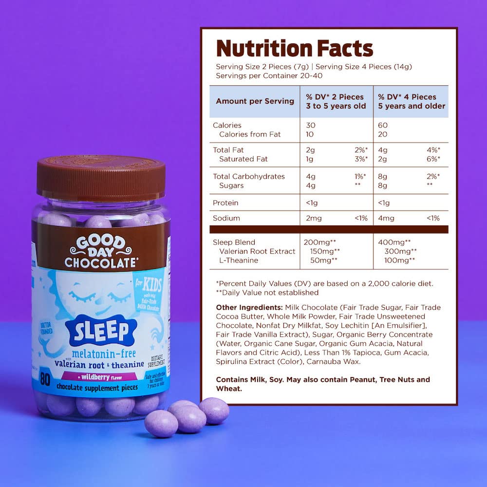 Organic Valerian Root Chocolate for Kids - Herbal Sleep Aid with L-Theanine, Non-GMO & Fair Trade Certified, Wildberry Flavor (50 Pieces) - Perfect for Bedtime Relaxation & Stress Relief