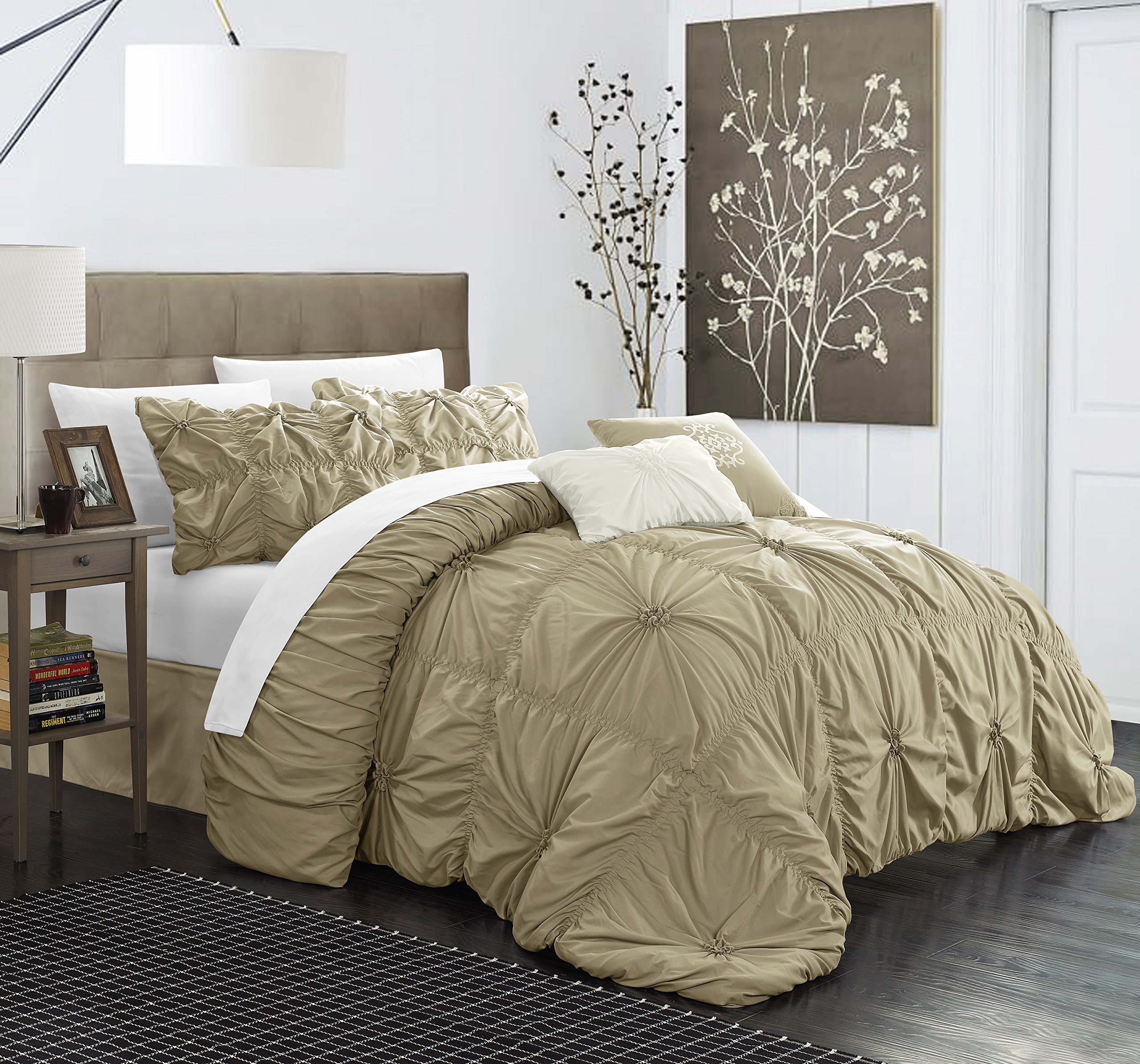 Halpert King Size 6-Piece Taupe Microfiber Bed in a Bag Comforter Set with Pintuck Pleat Design - Includes Shams, Bed Skirt, Sheets & Pillowcases - Perfect for Master Bedroom, Guest Room & Luxury Hotel Decor