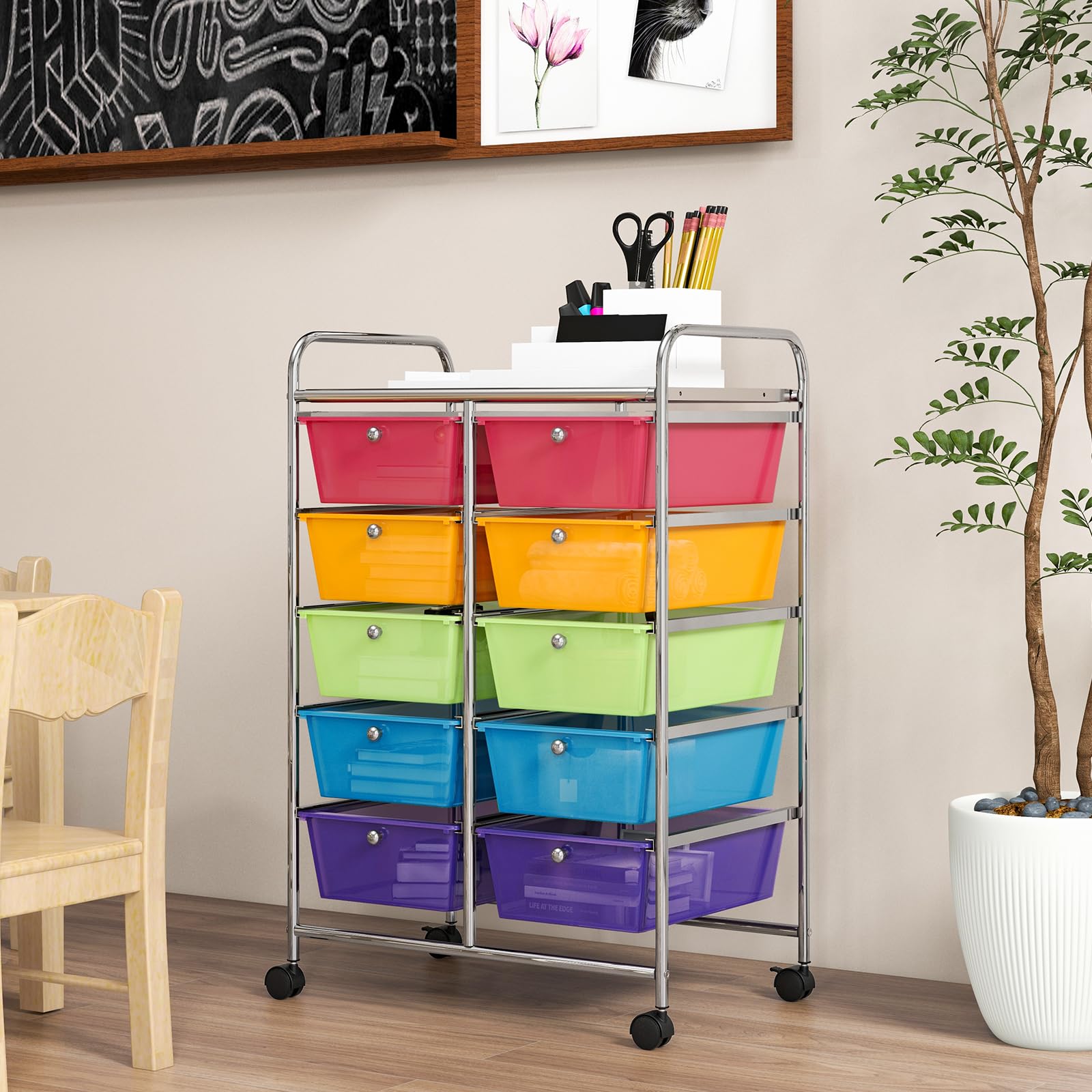GOFLAME 10-Drawer Rolling Storage Cart - Mobile Craft Organizer with Wheels for Art Supplies, School, Office & Home Use - Rainbow Color Multipurpose Utility Cart for Classroom, Craft Room & Office Organization