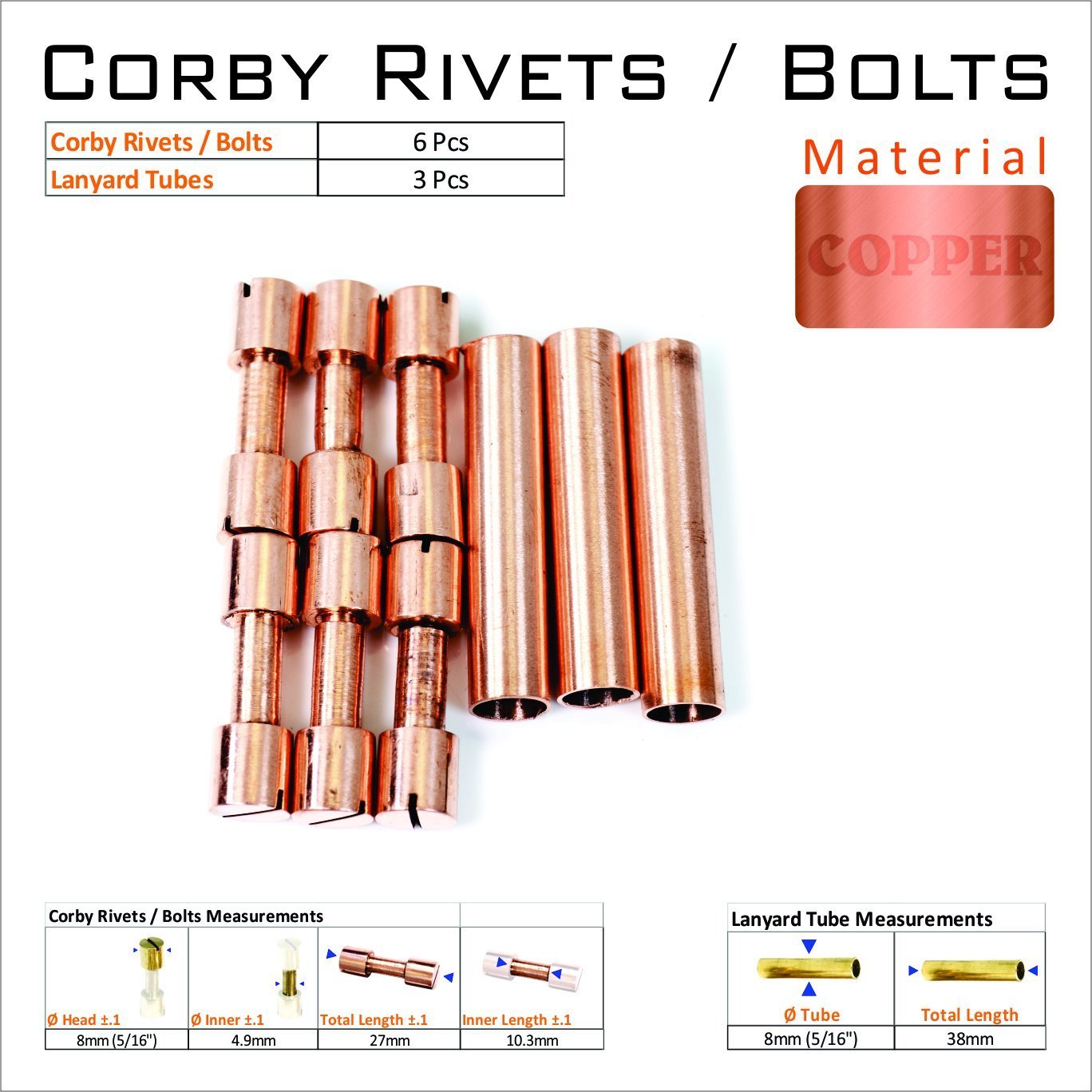 Premium Copper Knife Making Supplies - 6 Solid Copper Rivets & 3 Lanyard Tubes for Secure Blade Mounting | DIY Knife Crafting, Handle Repair & Custom Knife Building Accessories