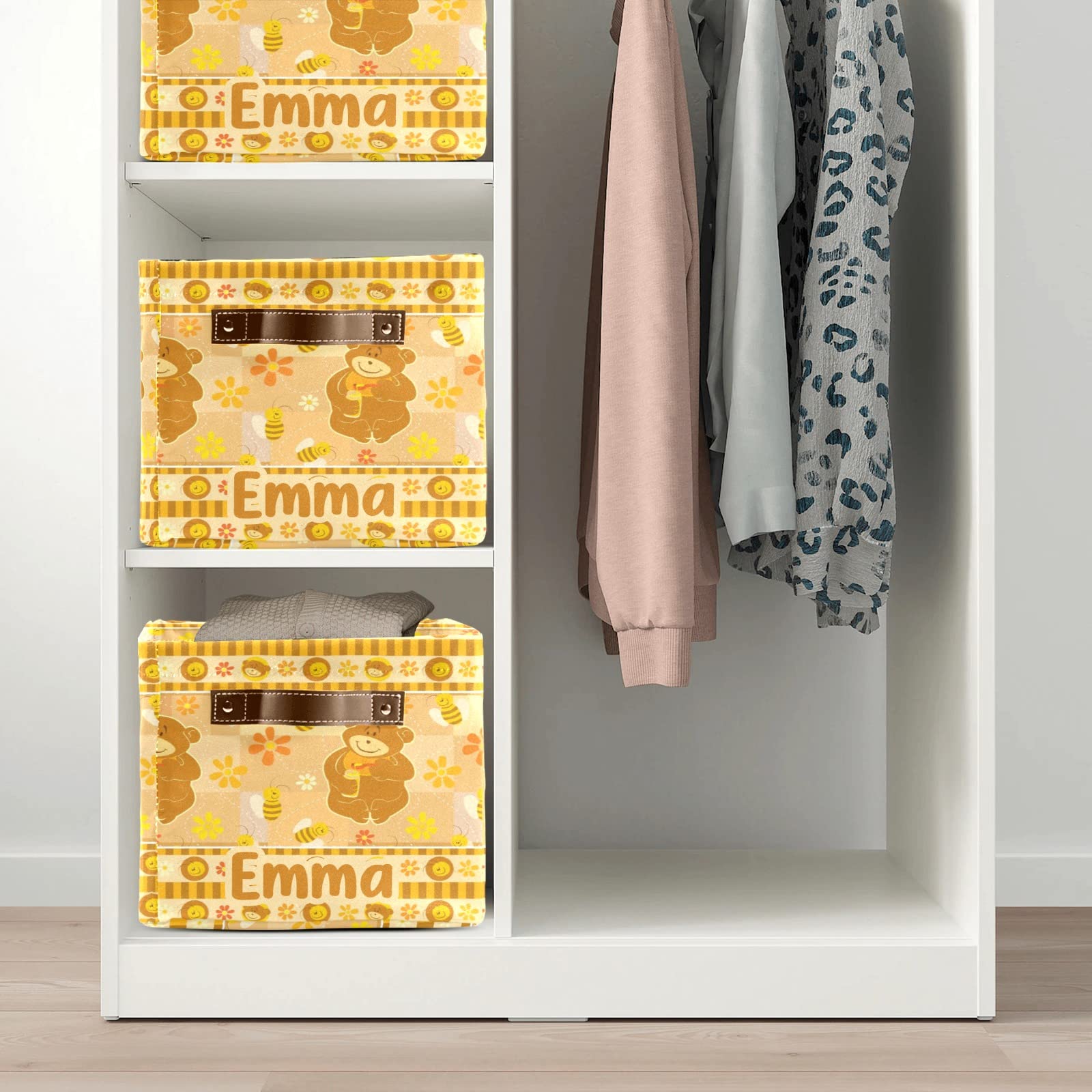 Personalized Honey Bear Storage Baskets with Handles - Large Decorative Organizing Bins for Shelves, Closet, Bathroom & Nursery (4-Pack) - Perfect for Home Organization & Kids Room Decor