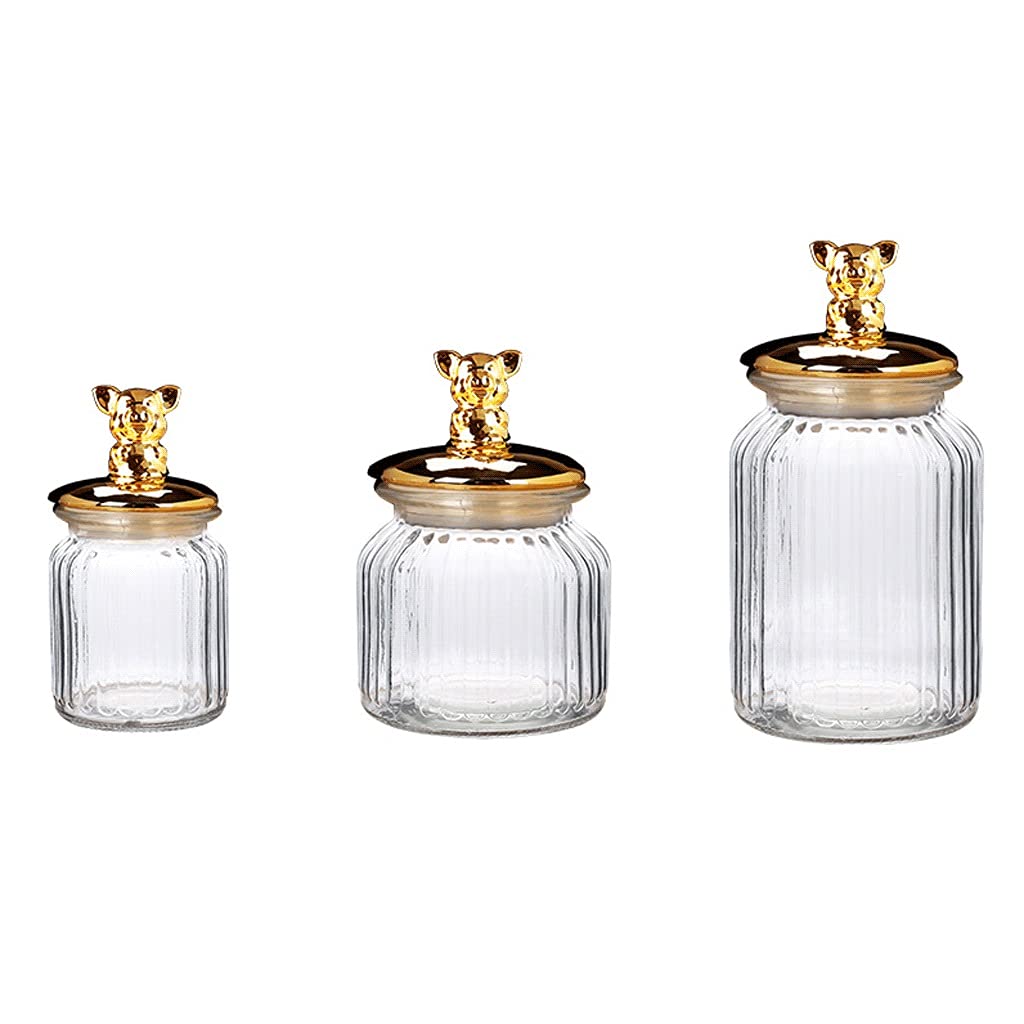 YXDO 3-Piece Glass Food Storage Containers with Golden Lids - Airtight Kitchen Canister Set for Tea, Coffee, Sugar & Dry Goods - Cute Animal Design Countertop Organizer for Pantry, Office & Home Decor (Color: Set A)