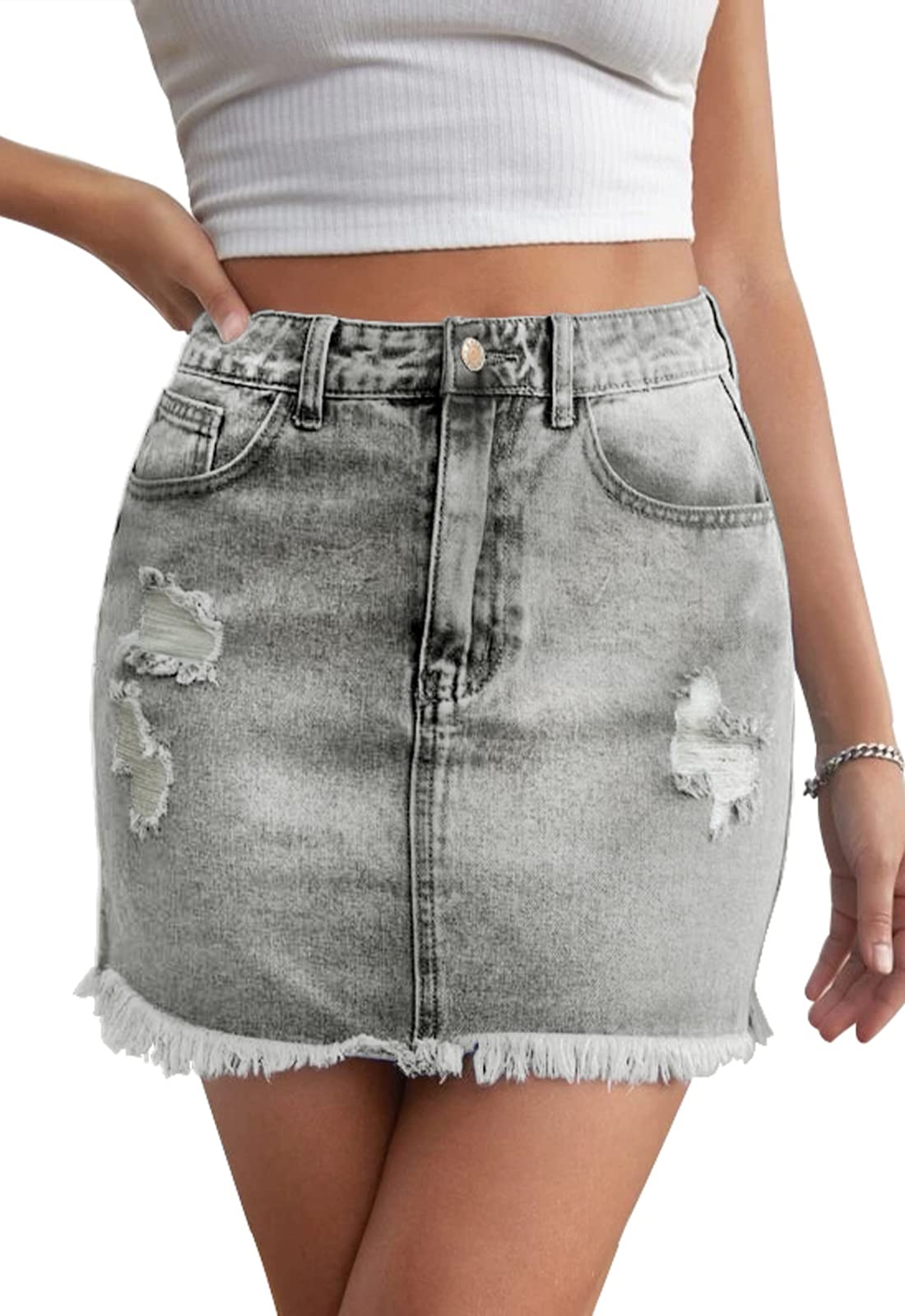 Women's High Waist Stretchy Denim Mini Skirt - Bodycon Washed Frayed Jean Skirt with Pockets | Casual Outfit for Clubbing, Dating & Streetwear Fashion
