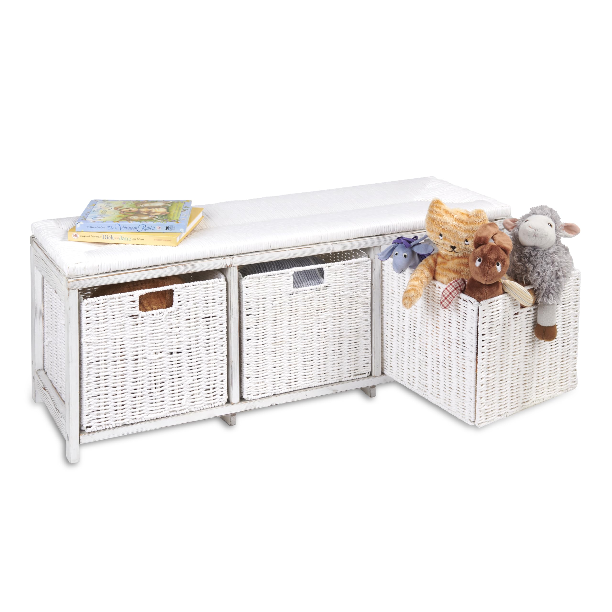 Badger Basket White Toy Storage Bench for Kids with Woven Top & 3 Collapsible Baskets - Perfect for Nursery, Playroom & Bedroom Organization