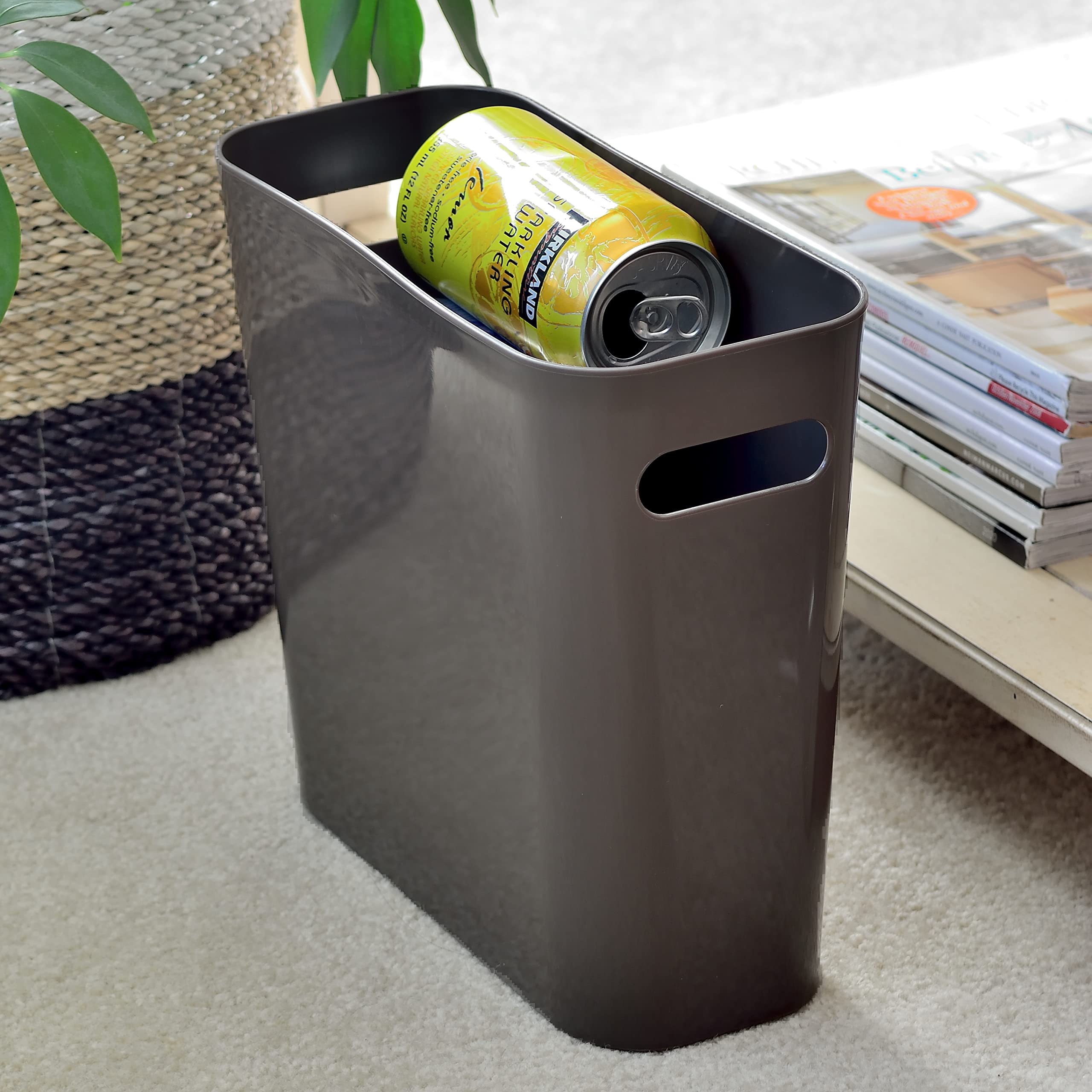Youngever 1.5 Gallon Slim Plastic Trash Can with Handles - Small Garbage Bin for Home, Office, Kitchen, Bathroom & Living Room - Space Saving Waste Basket (2 Pack, Brown) | Perfect for Small Spaces, Dorm Rooms, Under Desk & Tight Corners