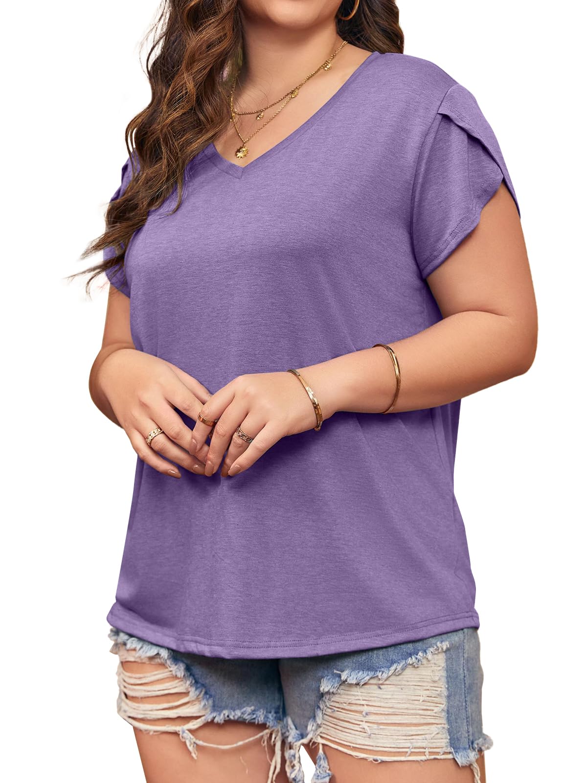 Plus Size V-Neck T-Shirts for Women - Casual Loose Fit Petal Sleeve Tops - Perfect for Everyday Wear, Work & Weekend Outfits