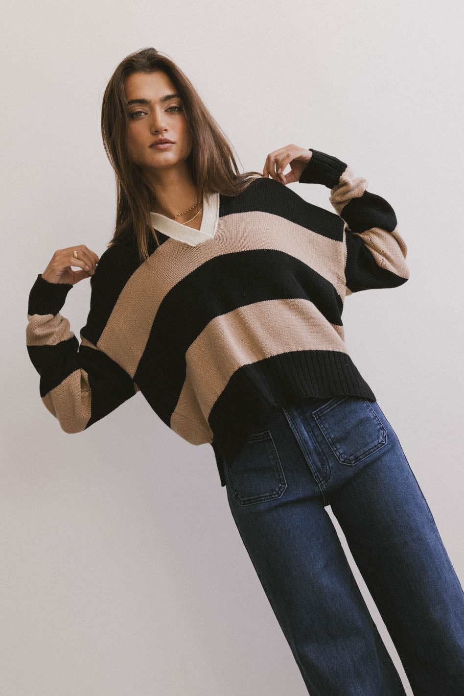 Akari Striped Sweater in Camel - Cozy Knit Pullover for Women | Autumn Winter Fashion | Perfect for Casual Outings & Coffee Dates