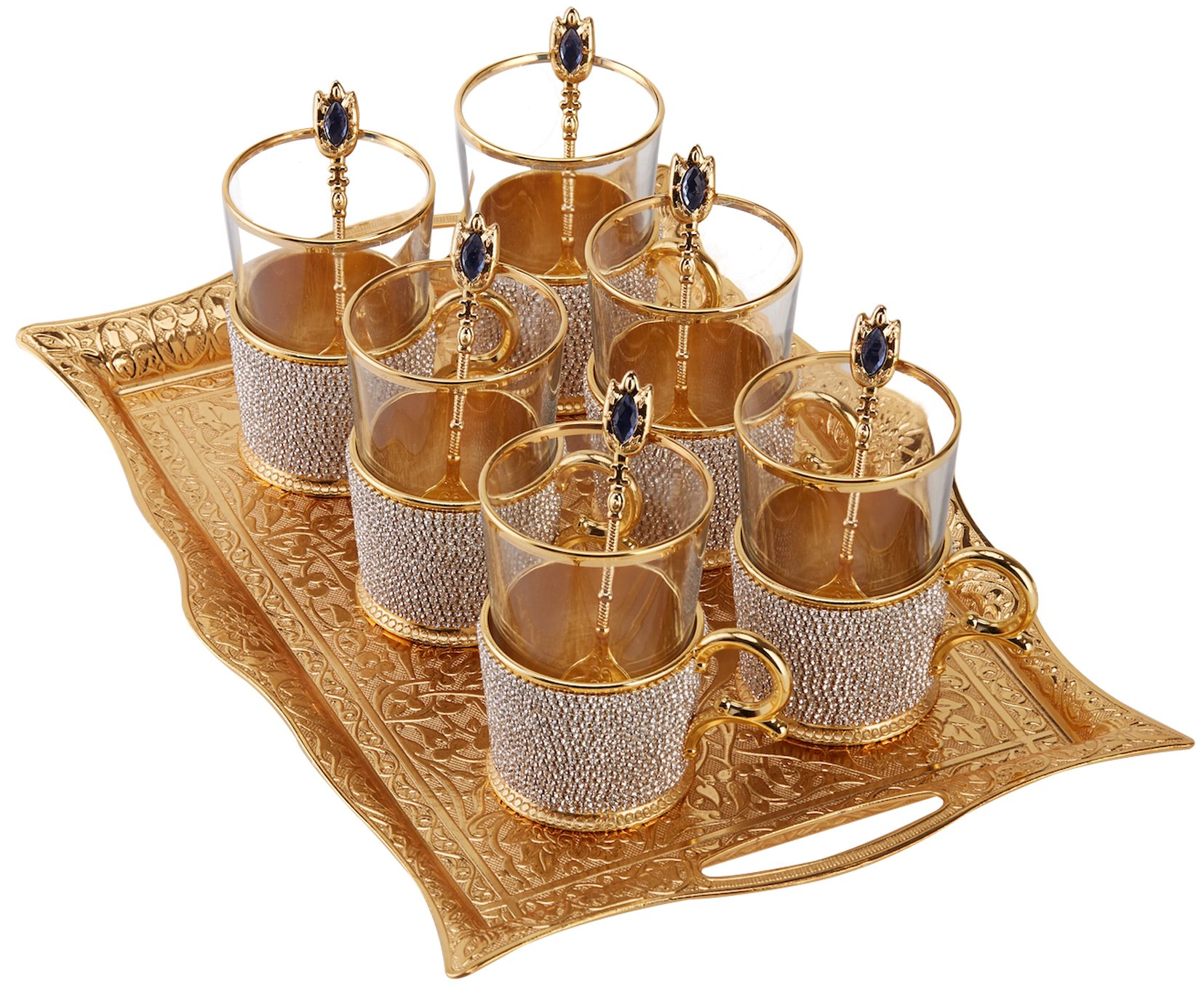 Premium (Set of 6) XL Turkish Tea Glasses Set with Metal Holders, Spoons & Decorative Tray - Elegant Swarovski Crystal & Pearl Design - Perfect for Afternoon Tea, Gifts, and Home Decor