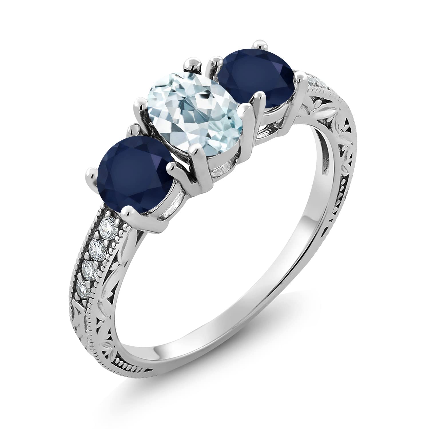 2.07 Ct Oval Sky Blue Aquamarine & Blue Sapphire Sterling Silver Moissanite Ring for Women - Elegant Wedding, Engagement & Anniversary Jewelry Gift
