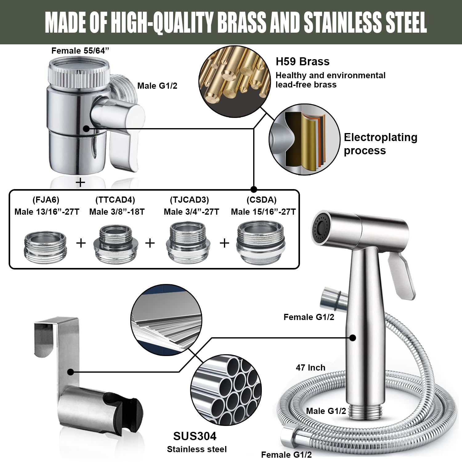 Premium Brushed Nickel Handheld Bidet Sprayer for Toilet - Dual Function Warm & Cold Water Bidet Attachment Set | Perfect for Feminine Hygiene, Cloth Diaper Cleaning & Bathroom Sanitation | Ideal for Modern Toilets, Baby Care & Household Cleaning