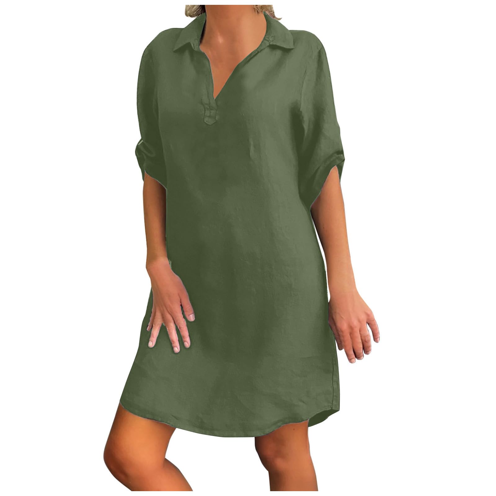 Women's V-Neck 3/4 Sleeve Casual Summer Dress - Loose Fit Comfortable Straight Sundress in Army Green | Perfect for Vacation, Beach, and Everyday Wear