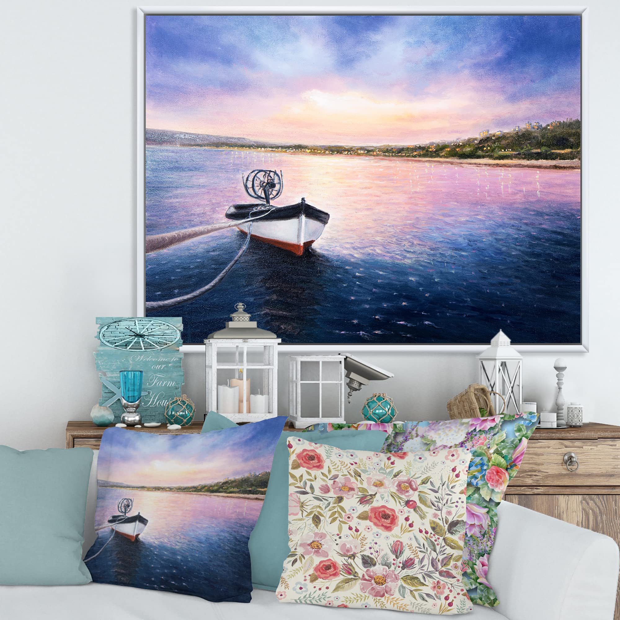 DesignQ Framed Canvas Wall Art Print - Fishing Boat by the Shore at Vibrant Sunset, Perfect for Lake House Decor & Coastal Living Room