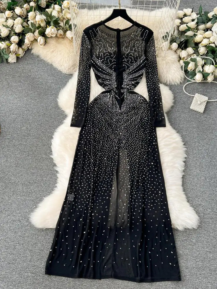 Sexy Black Long Sleeve Bodycon Dress with Back Zipper & High Slit - Vintage Elegant Club Party Gown for Women | Perfect for Night Out, Cocktail Party & Special Occasions