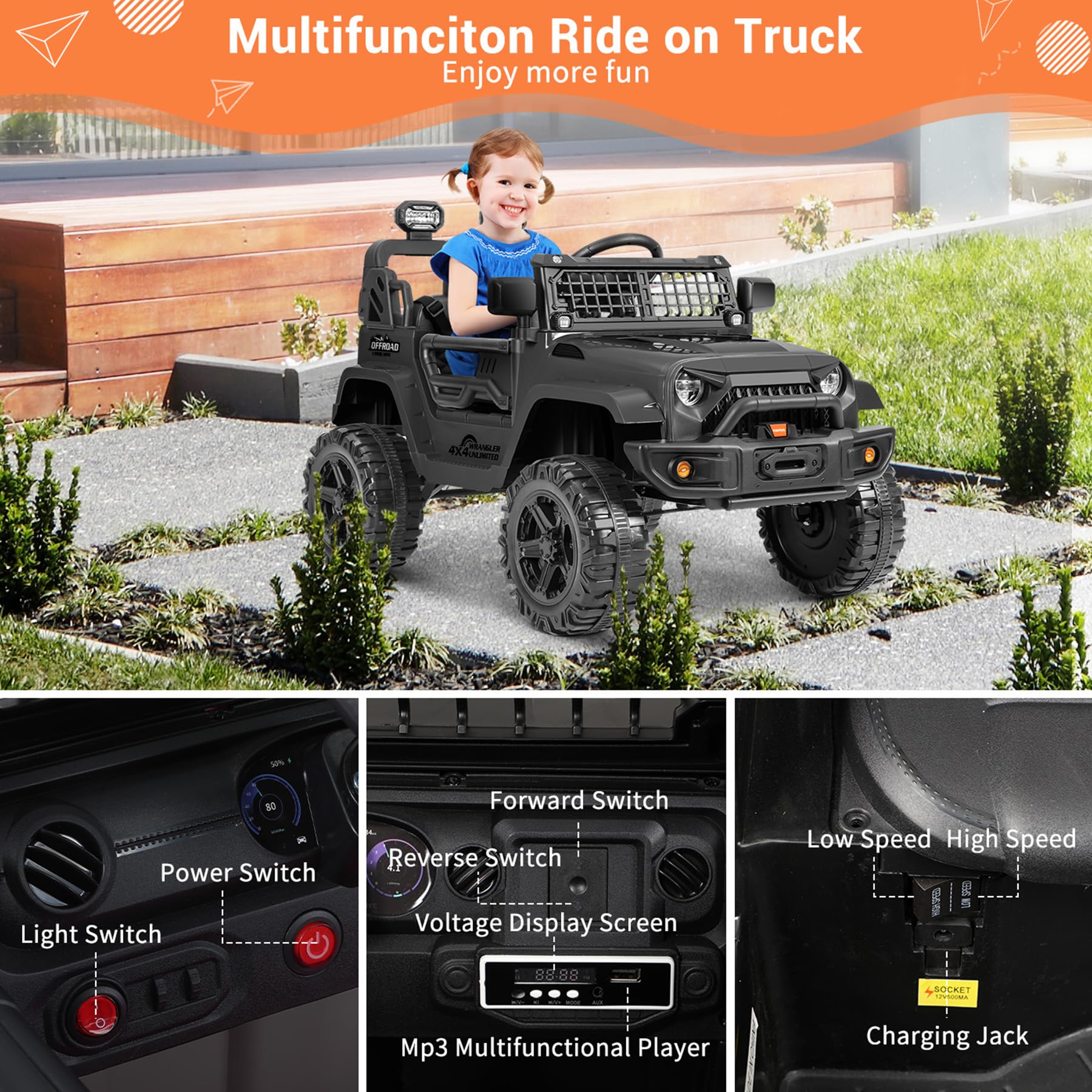 Kimbosmart 12V Kids Electric Ride-On Car with LED Lights, Horn, Radio & USB/AUX/MP3 - Black | Fun Outdoor Toy Vehicle for Toddlers & Children | Perfect for Birthday Gifts, Backyard Play & Park Adventures