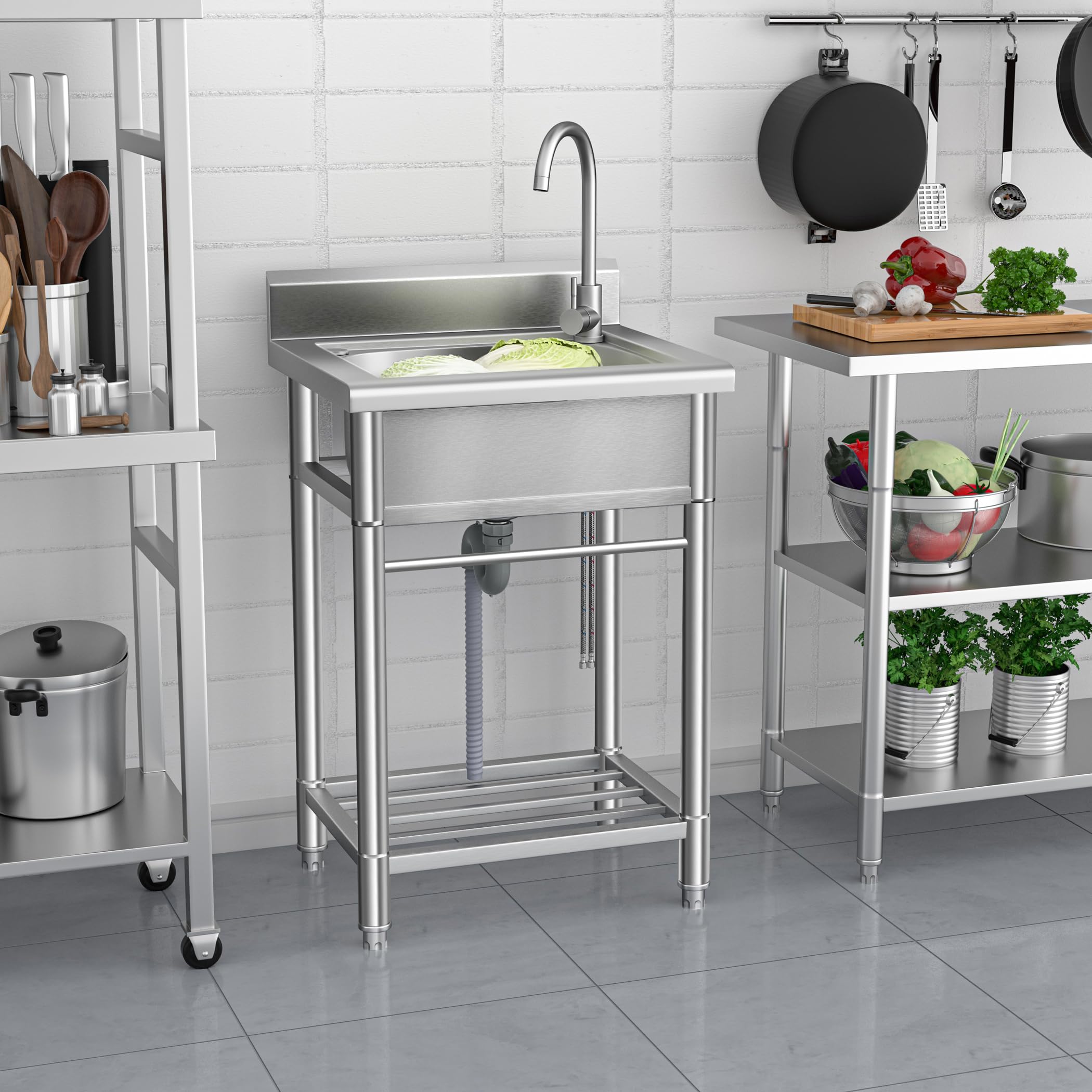 Stainless Steel Utility Sink with Single Bowl - Free Standing Kitchen Sink for Laundry Room, Bathroom & Farmhouse | Hot & Cold Water Pipes Included | Perfect for Washing Clothes, Cleaning Tools & Outdoor Use