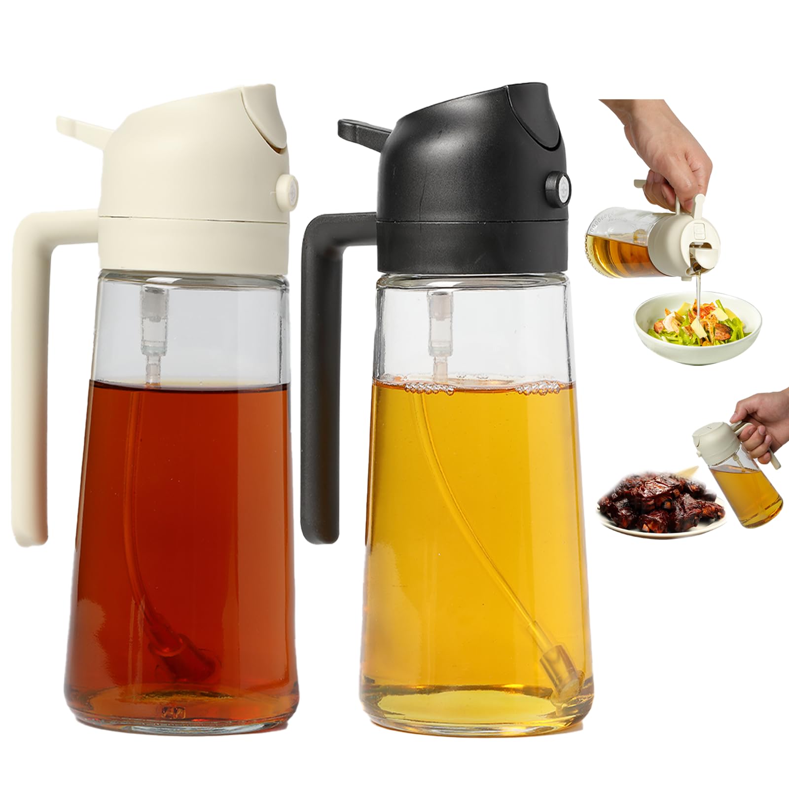 2 Pack Oil Sprayer for Cooking - 16oz/470ml Olive Oil Dispenser Bottle, Food-Grade Glass Oil Mister for Air Fryer, Oven & Steak Frying - Perfect for Kitchen, BBQ, Salad Dressing & Healthy Cooking (Black & Cream White)