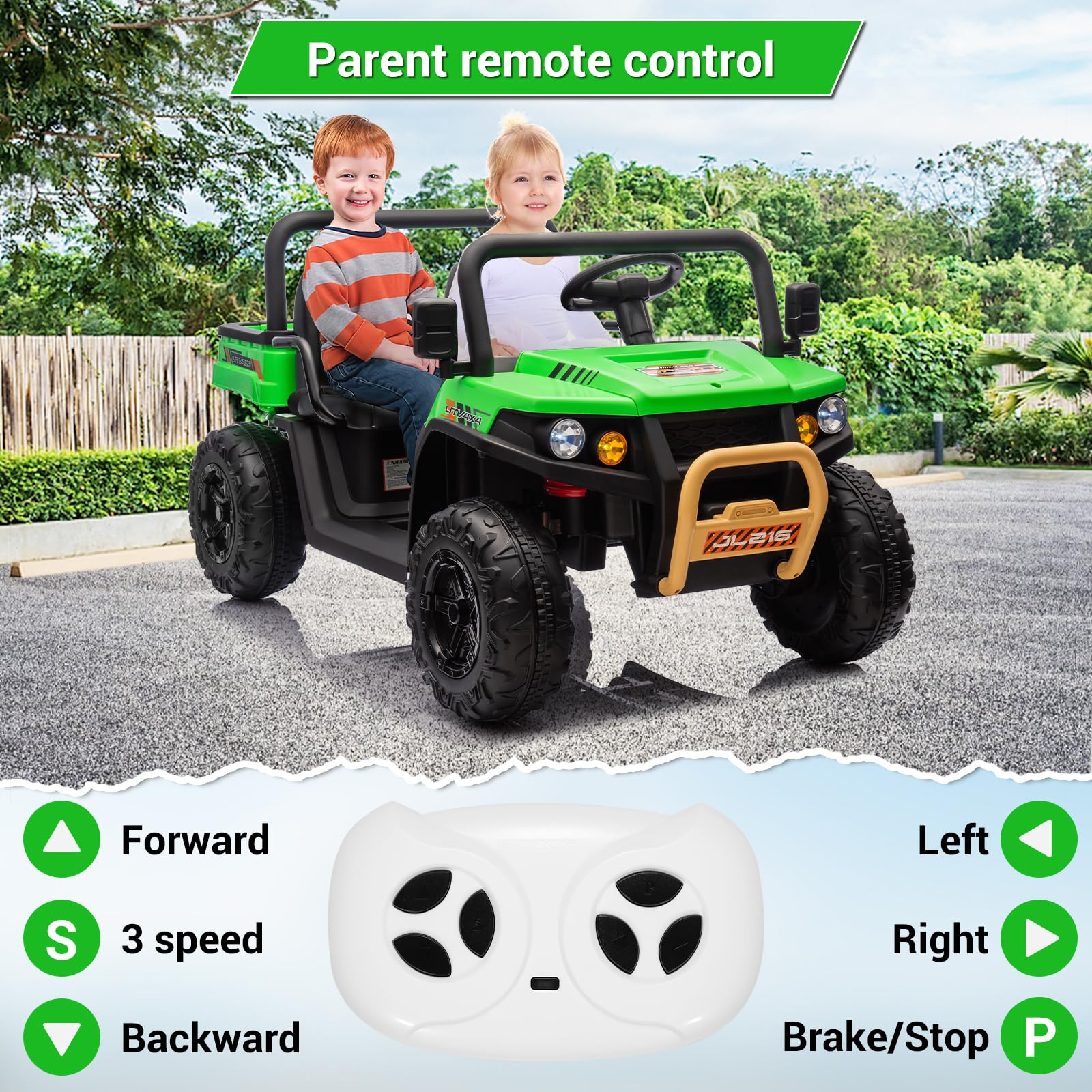 Hetoy 24V 2 Seater Electric Ride On Dump Truck with Remote Control - 4WD Battery Powered UTV Toy Car for Kids, Includes Shovel, Music, Bluetooth & LED Headlights - Perfect Outdoor Play Vehicle for Boys & Girls (Green)