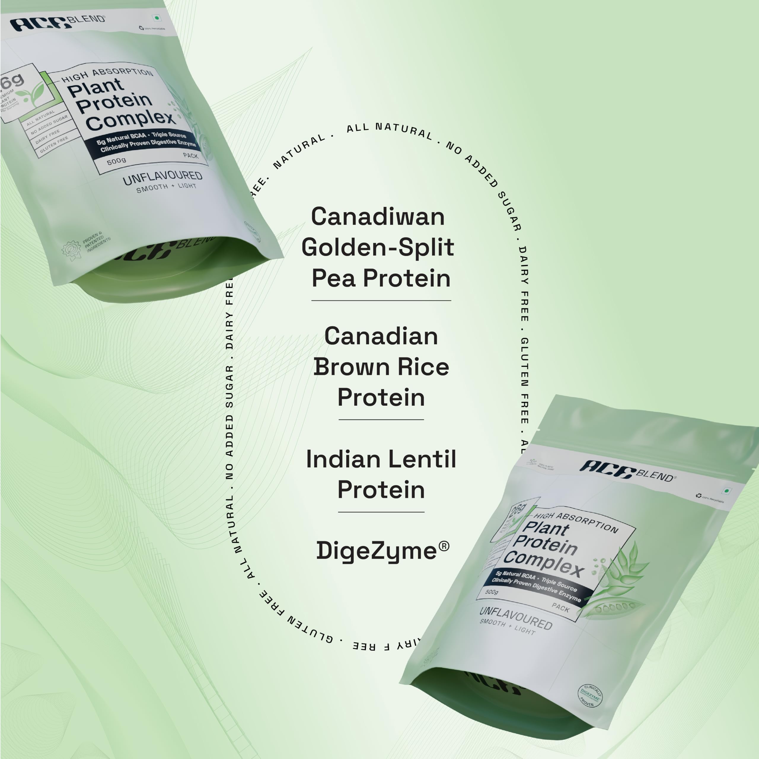Ace Blend Plant Protein Complex - 26G Protein Per Serving | Unflavored Vegan Protein Powder with Golden-Split Pea, Canadian Brown Rice & Indian Lentil Protein | DigeZyme for Easy Digestion | 100% Gut Friendly | Perfect for Post-Workout Recovery & Smoothie Boosts