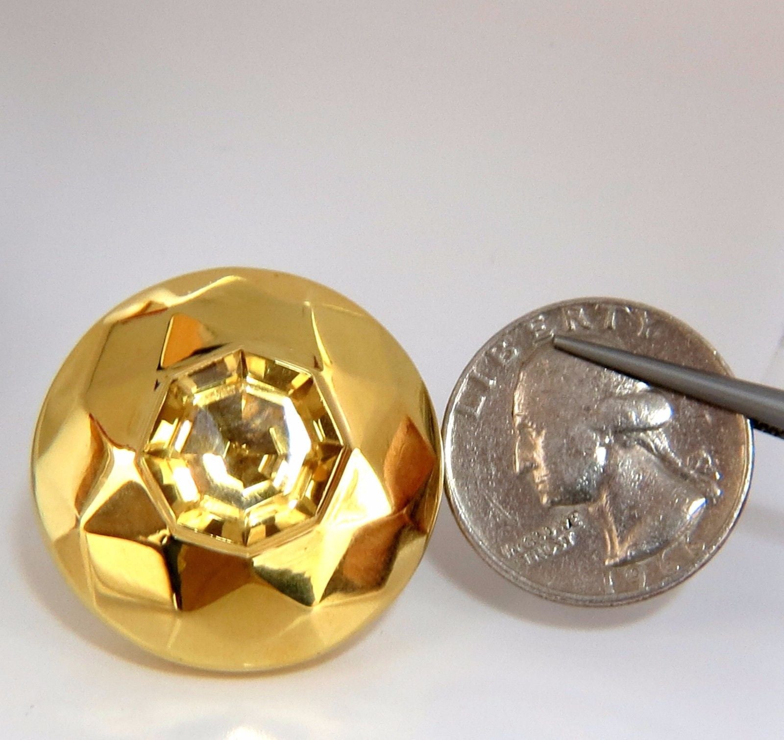 26.00ct Retro Mod Natural Yellow Golden Citrine Clip Earrings - 18kt Gold Puff Dome Design - Perfect for Vintage Parties, Weddings & Evening Events