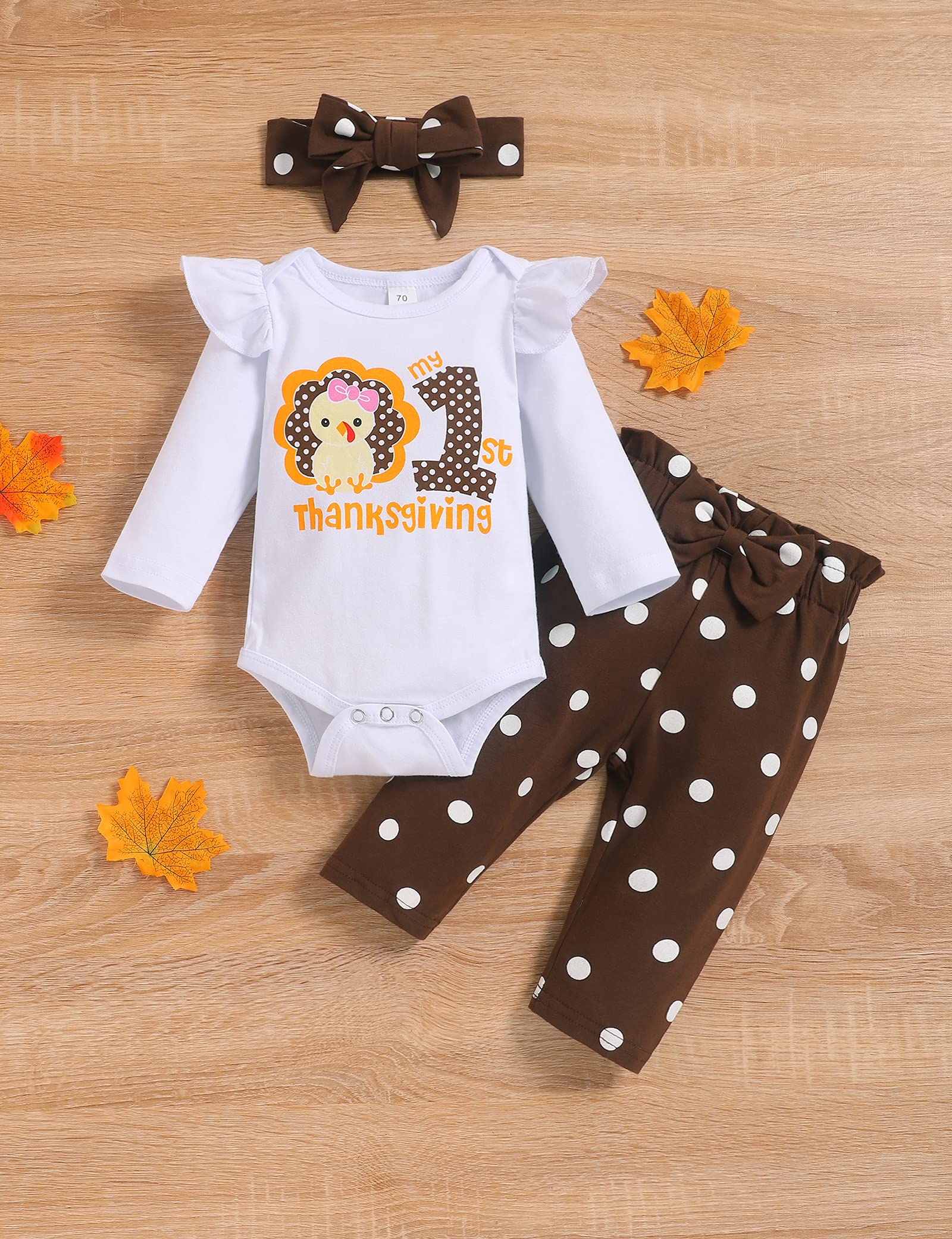 My First Thanksgiving Outfit Set for Baby Girls - Romper, Polka Dot Pants & Headband | Adorable Holiday Outfit for Family Gatherings & Photo Shoots