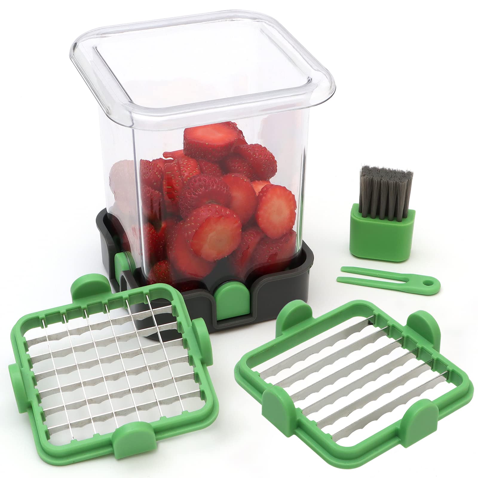 Strawberry Slicer & Fruit Cutter with Container - 2 Stainless Steel Blades, Detachable Push Plate - Soft Food Chopper for Berries, Kiwi, Peaches - Perfect for Smoothies, Baking & Fruit Salads