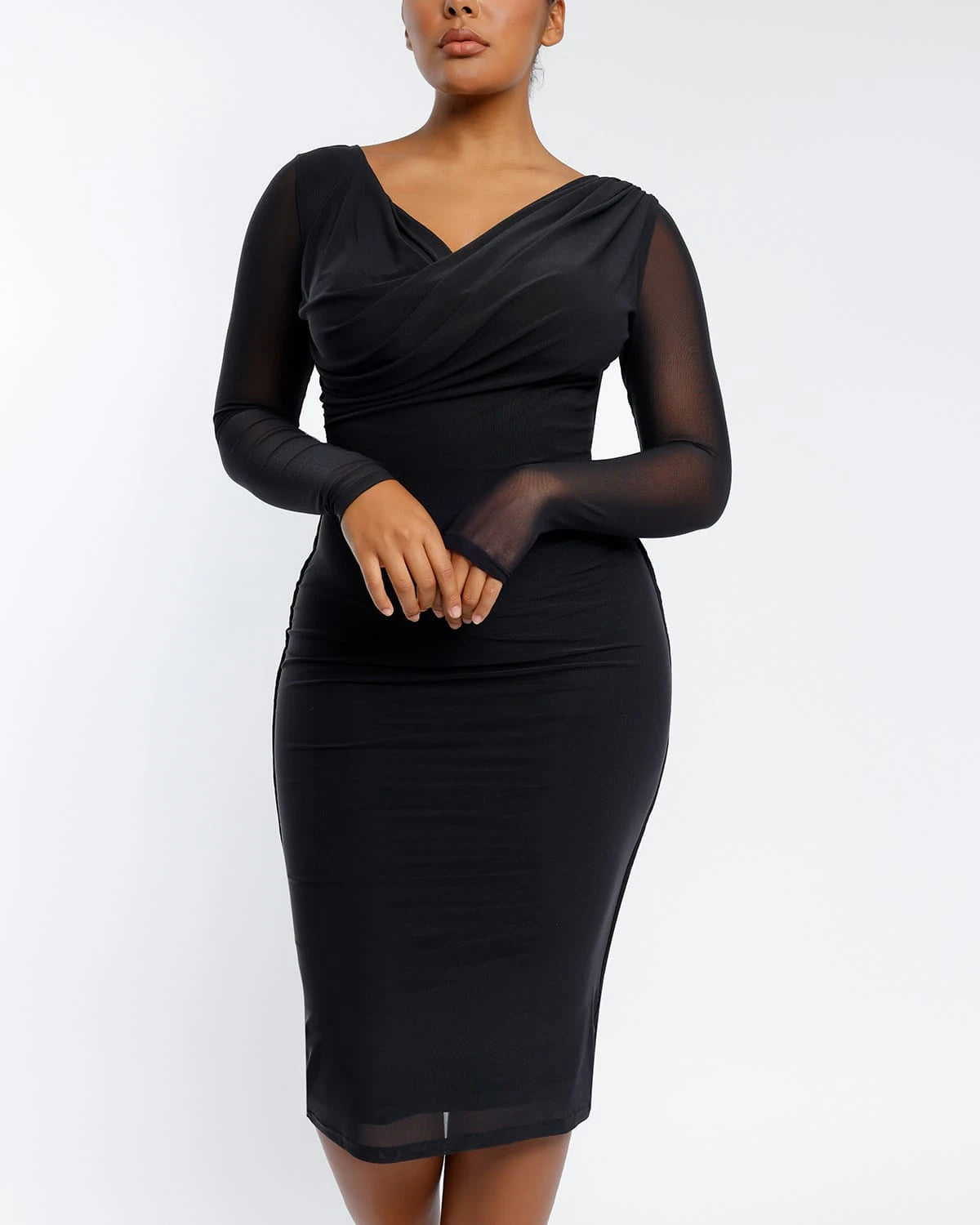 Slimming Mesh Draped V-Neck Bodycon Dress for Women - Perfect for Cocktail Parties, Date Nights & Evening Events