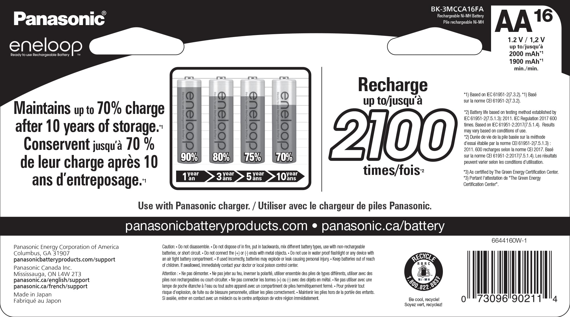 Panasonic Eneloop BK-3MCCA16FA AA 2100 Cycle Ni-MH Rechargeable Batteries (16-Pack) - Pre-Charged, Long-Lasting Power for Cameras, Toys, Flashlights & Electronics