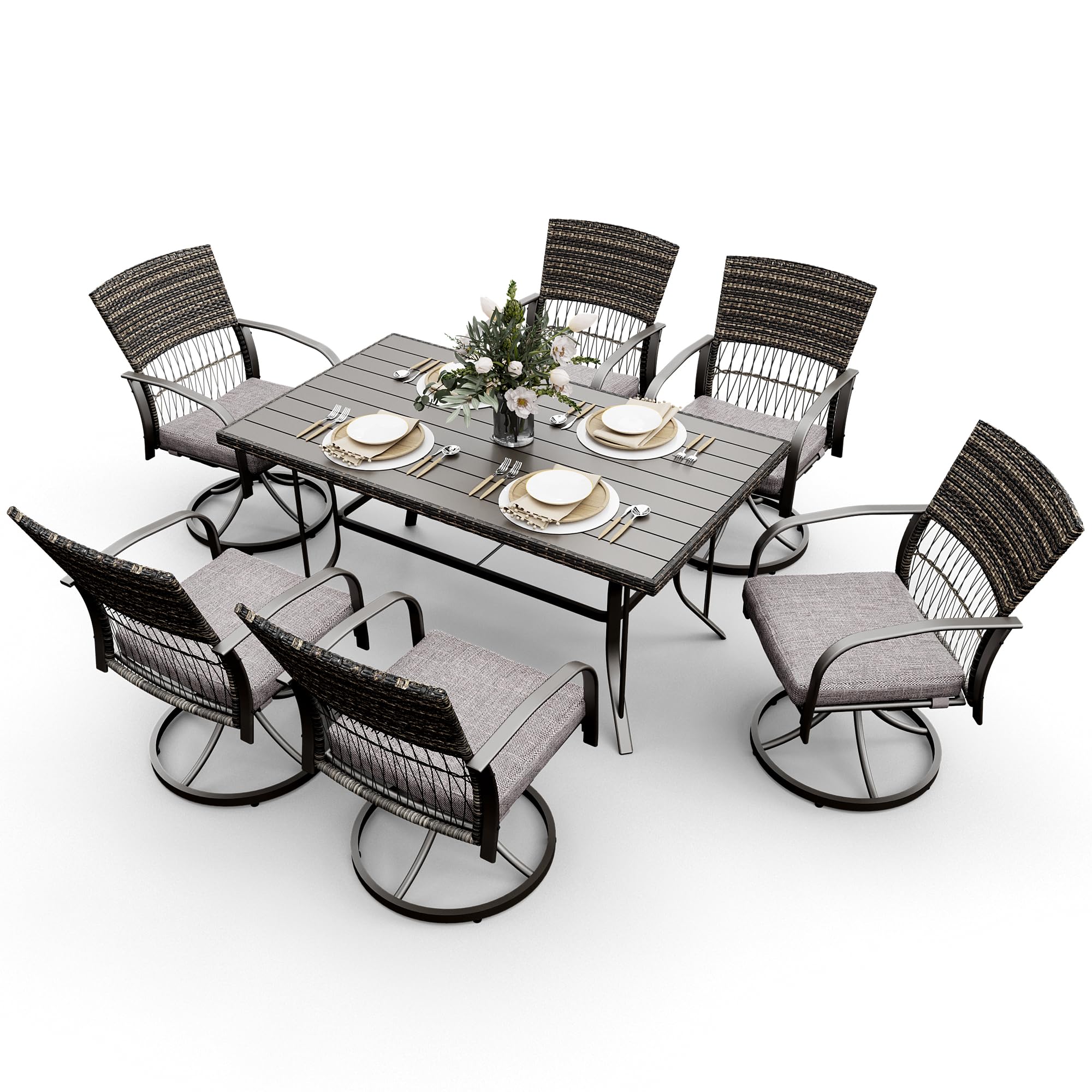 **Pamapic 7-Piece Outdoor Dining Set for 6 - Wicker Patio Furniture with Iron Table & Swivel Rocking Chairs - Includes 6 Removable Cushions (Gray) - Perfect for Backyard, Garden, Deck & Poolside Dining**