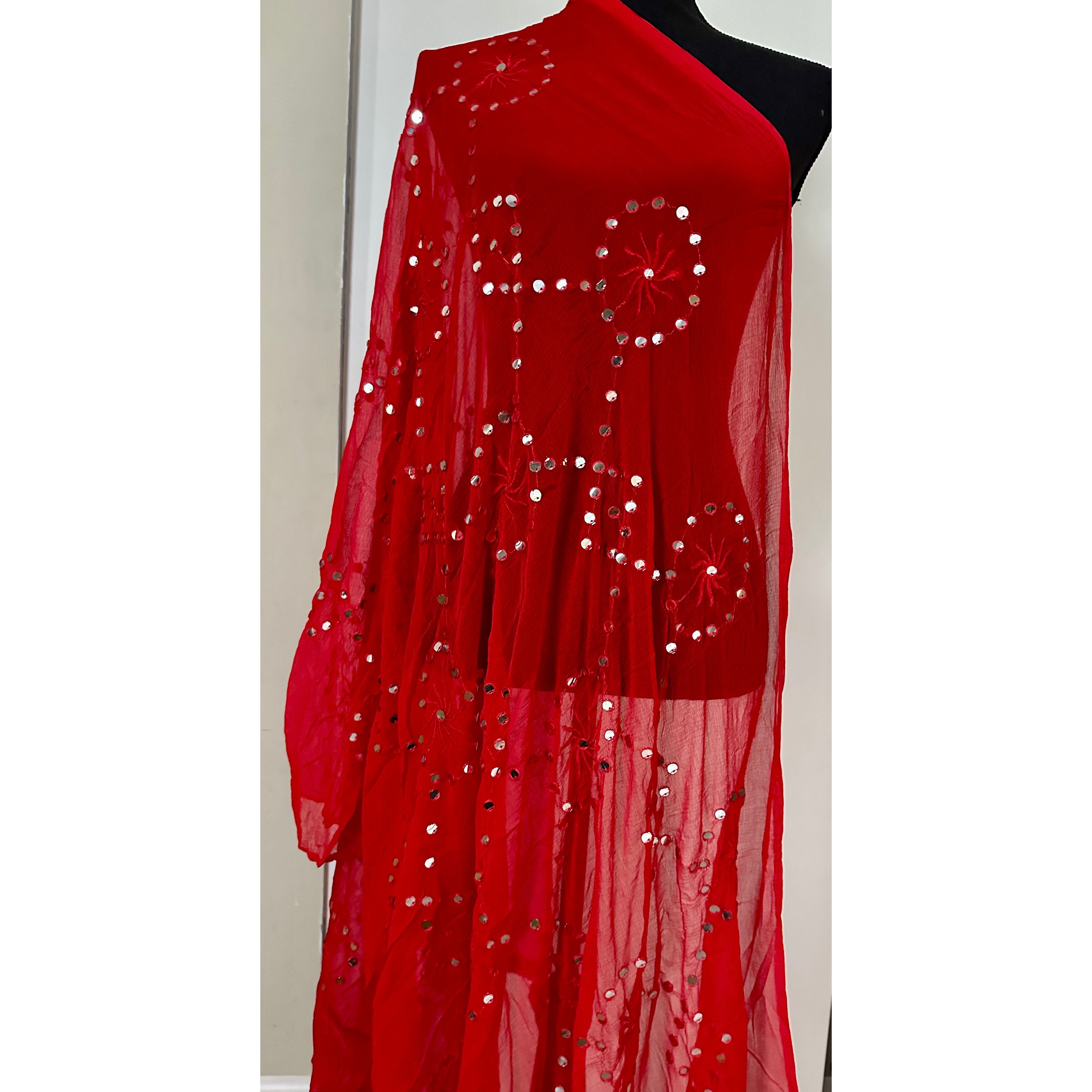 Elegant Red Dupatta with Mirror Embroidery - Perfect for Weddings, Festivals & Cultural Events