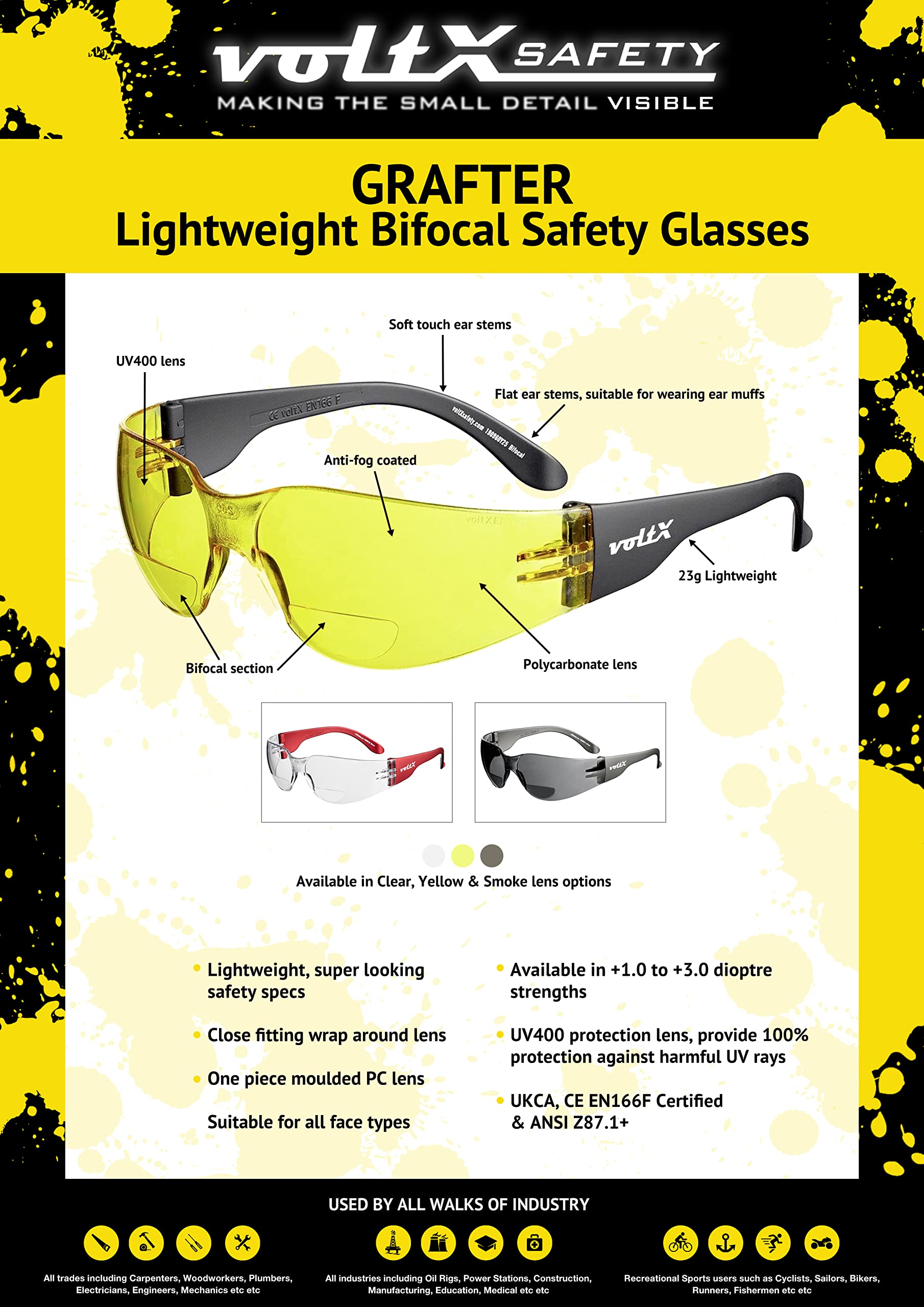 VoltX 'GRAFTER' Yellow +2.5 Diopter Bifocal Safety Reading Glasses - CE EN166 Certified Industrial & Cycling Eyewear with Anti-Fog UV400 Coating - Perfect for Construction, Cycling, and Workplace Eye Protection