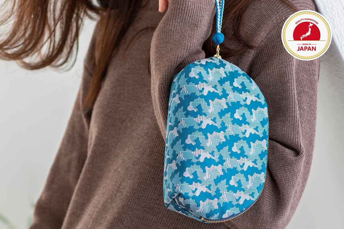 Authentic Kyoto Nishijin Woven Cosmetic Pouch - Handmade Japanese Traditional Craft Makeup Bag (Blue) | Perfect for Travel Toiletry Organizer, Stationery Storage & Purse Insert - Elegant Bag-in-Bag Solution