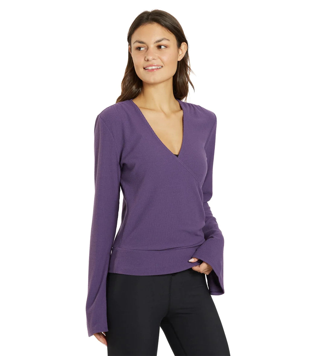 Thrive Société Women's Pleated Wrap Pullover Sweater - Loganberry Purple | Casual Chic Knit Top for Work, Dates & Fall Layering