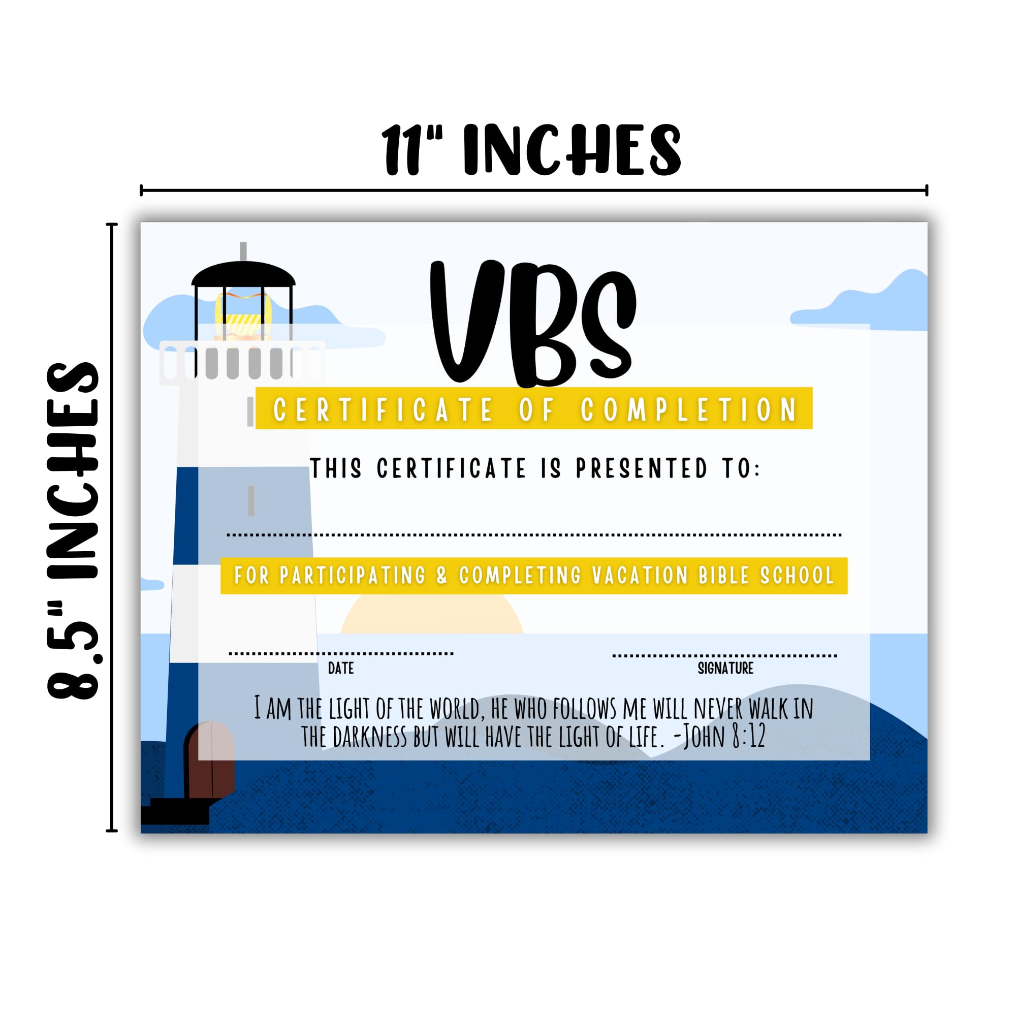 Vacation Bible School VBS Certificate of Completion Award - Pack of 50 | 8.5x11 Inch Lighthouse Bible Verse Beach Ocean Themed Participation Certificates for Kids Sunday School, Summer Camp & Christian Education Programs
