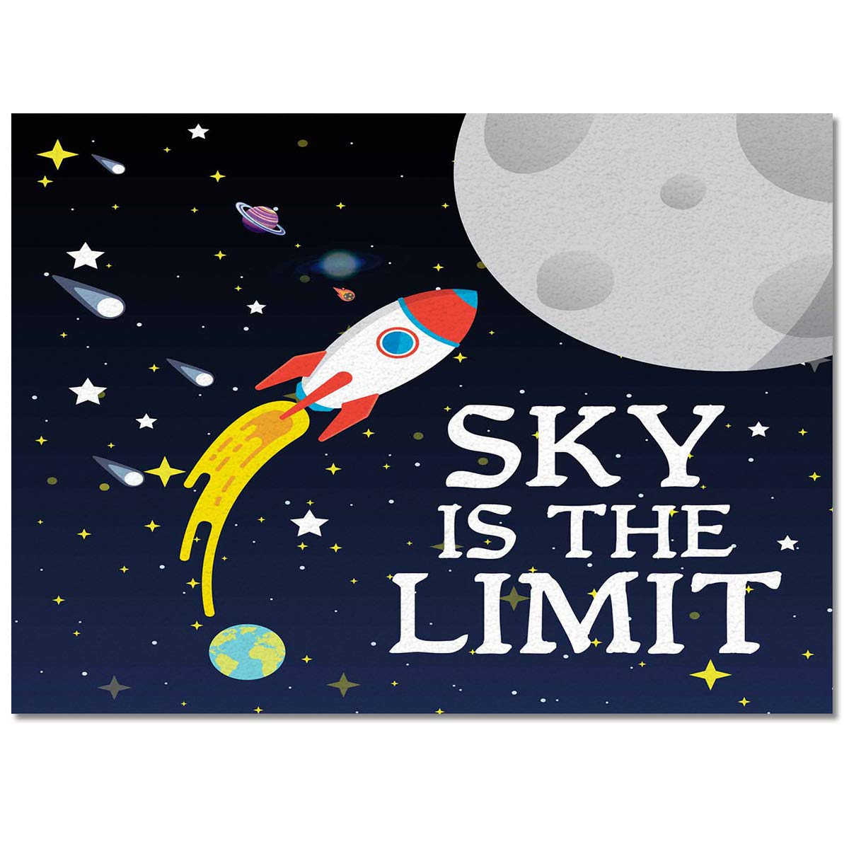 Pinkinco Kids Area Rug - Cartoon Moon Rocket & Comets Non-Slip Floor Mat for Bedroom, Playroom, Living Room | Soft Play Mat for Children's Activities & Home Decor