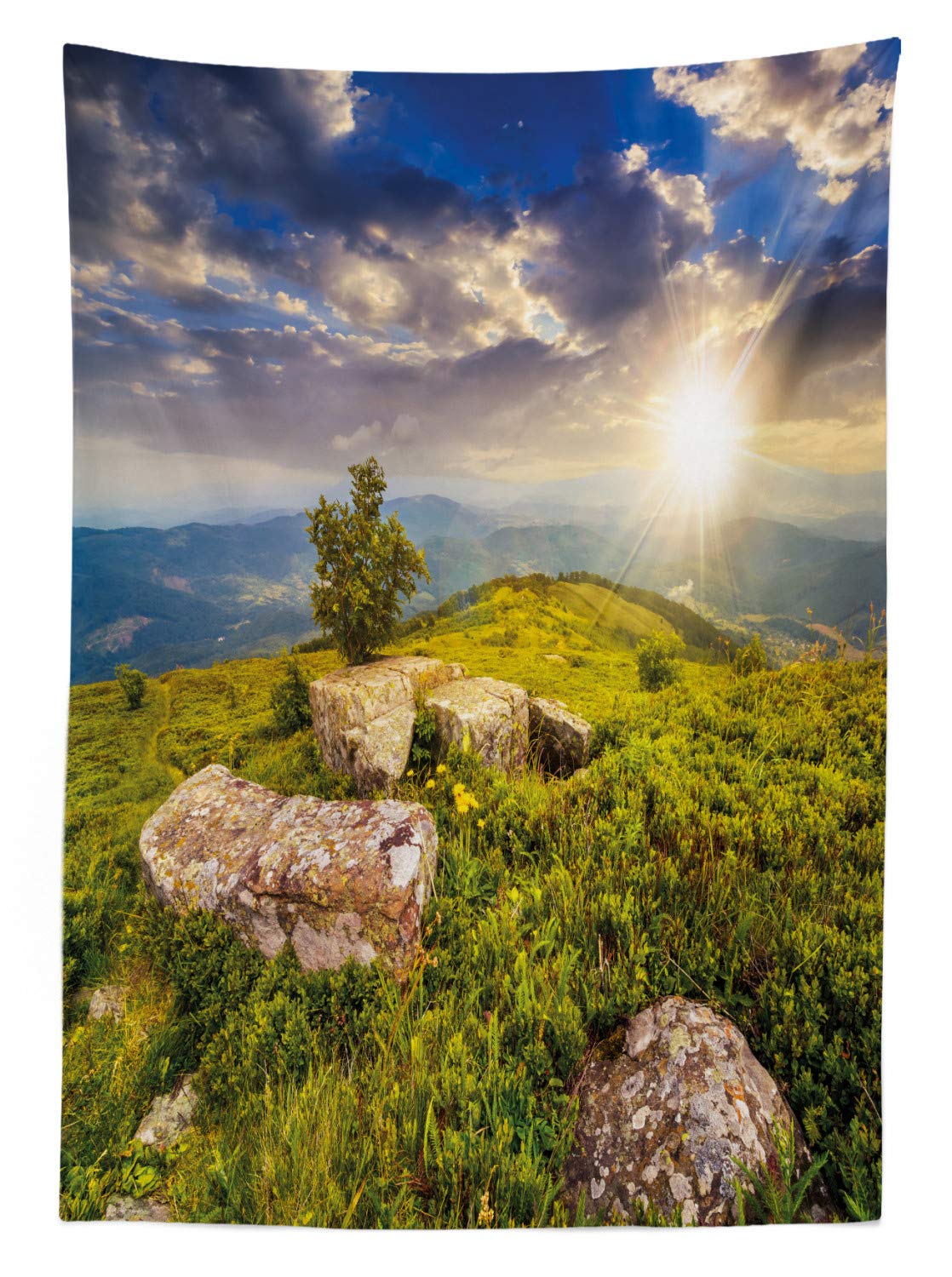 Ambesonne Waterproof Picnic Tablecloth 58x120 Inch - Scenic Mountain Landscape with Trees, Boulders & Meadow Design - Washable Outdoor Table Cover for Camping, BBQ, Backyard Parties (Green Yellow Blue)